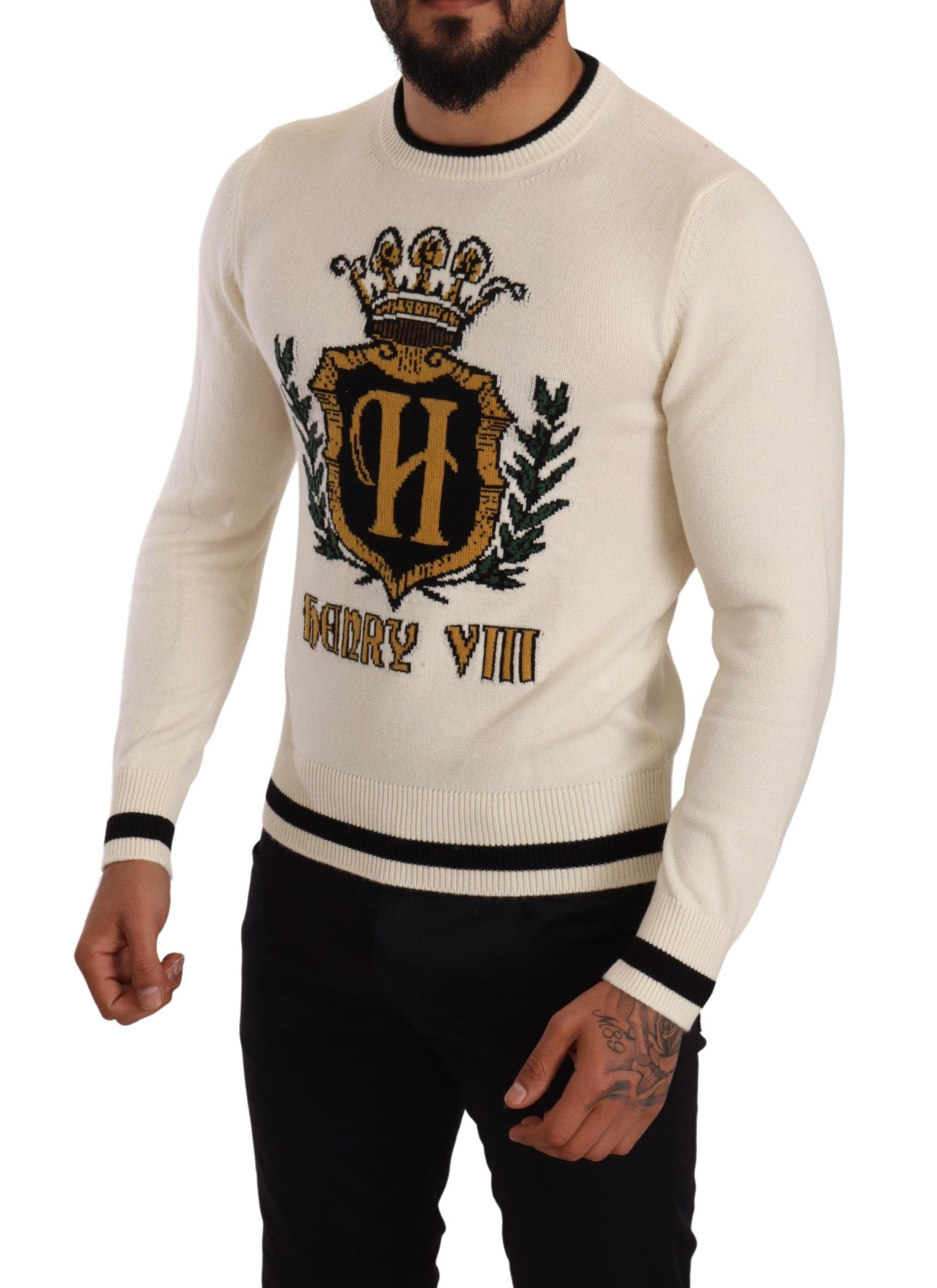 Dolce & Gabbana Elegant Snow-White Heraldic Cashmere Sweater