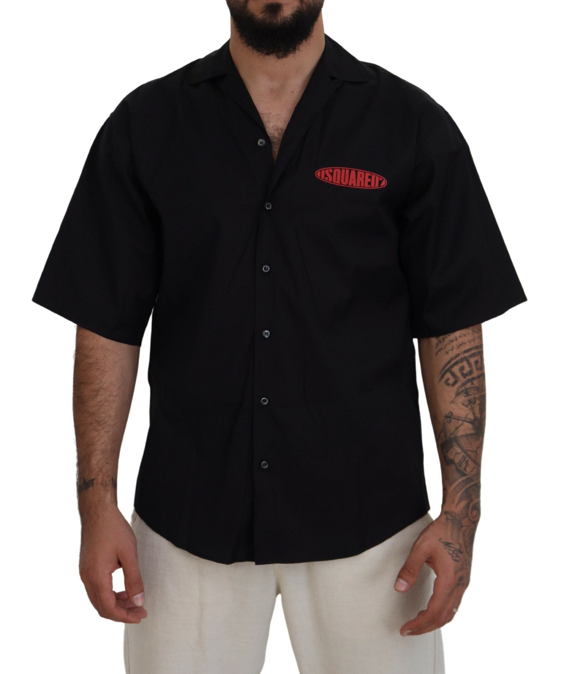 Dsquared² Black Cotton Collared Logo Print Short Sleeve Shirt