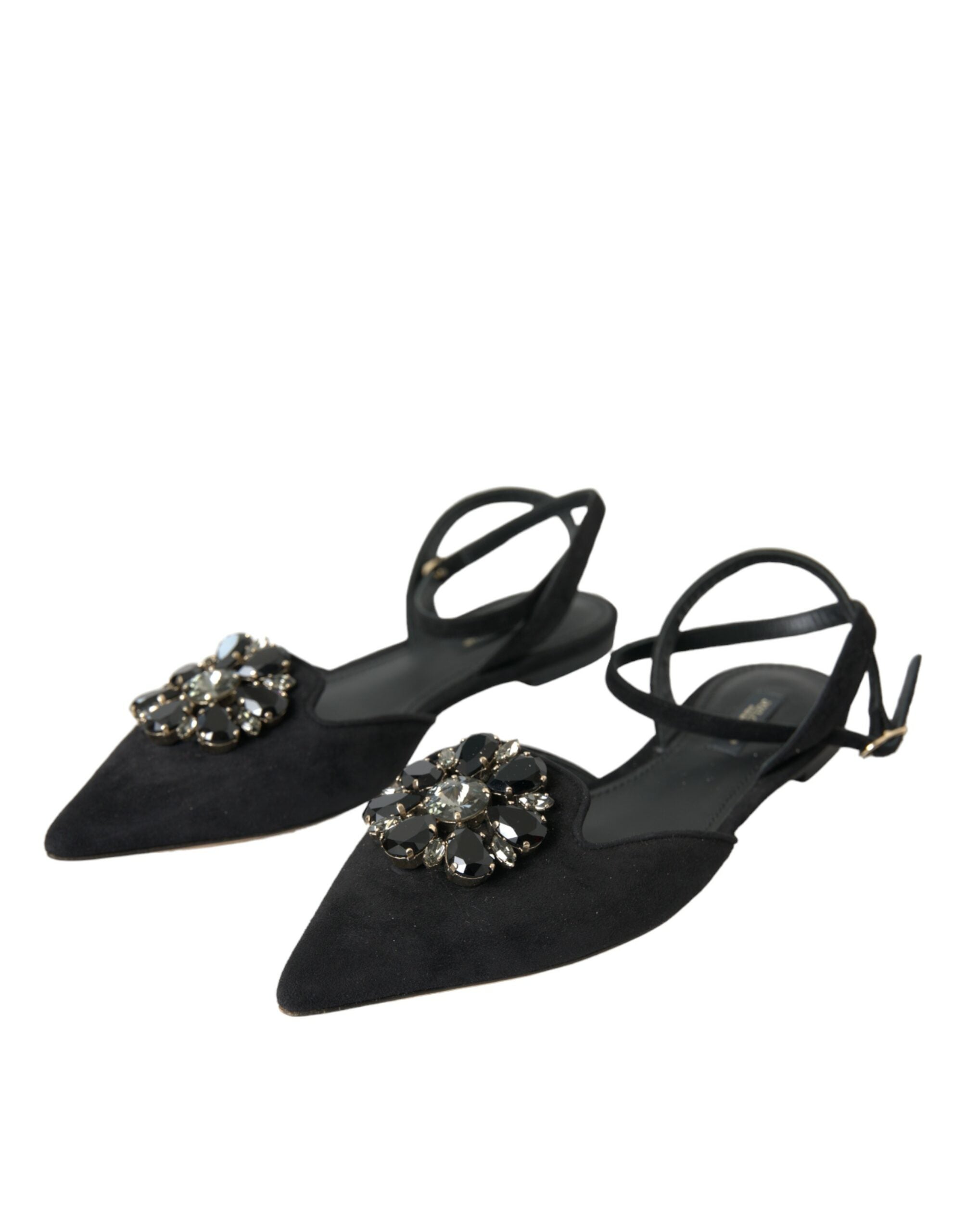 Dolce & Gabbana Black Leather Crystal Slingback Sandals Shoes