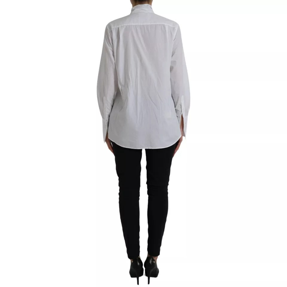 Dolce & Gabbana White Cotton Ascot Collar Long Sleeves Top