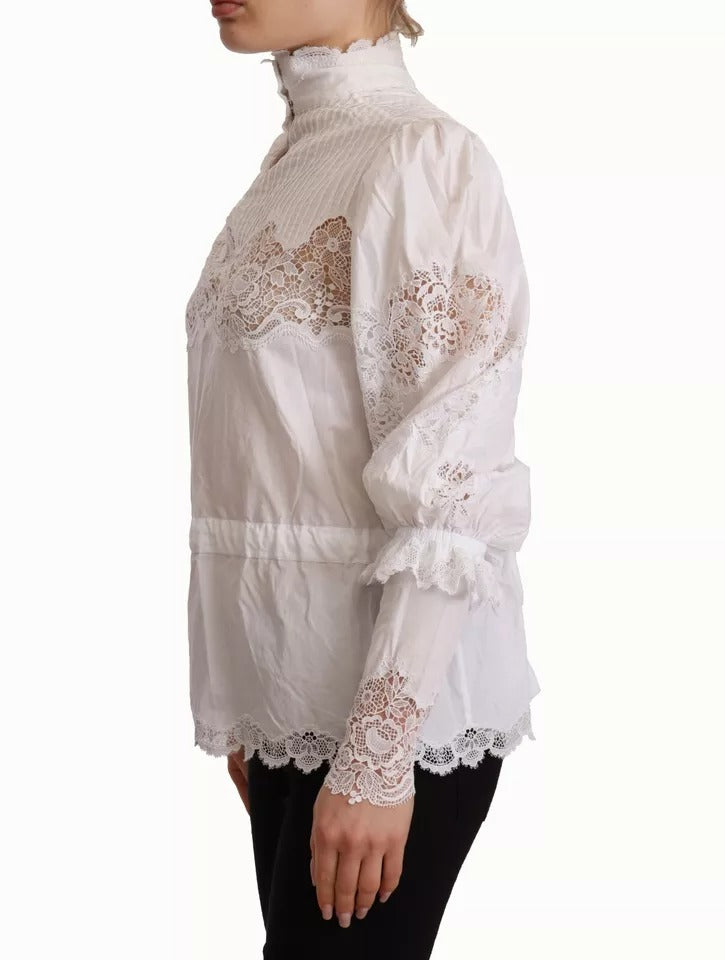 Dolce & Gabbana White Cotton Lace Trim Turtle Neck Blouse Top