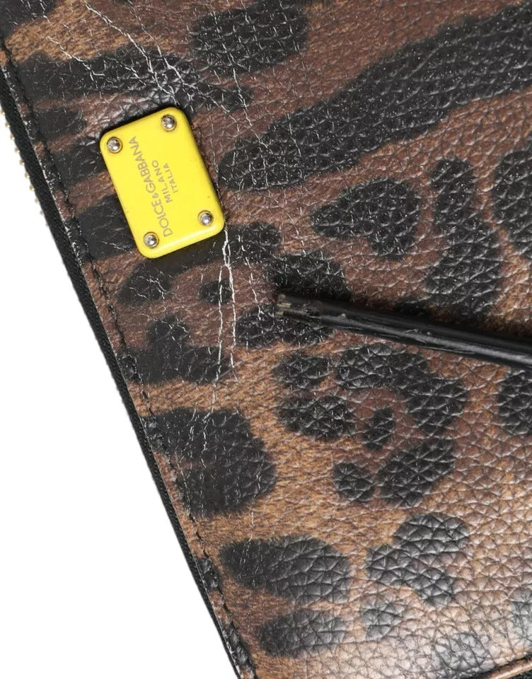 Dolce & Gabbana Brown Leopard Leather DG Zip Around Continental Wallet