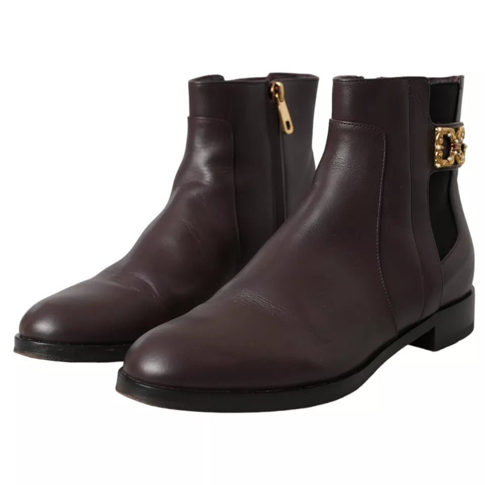 Dolce & Gabbana Brown Leather AMORE Flats Ankle Boots Shoes