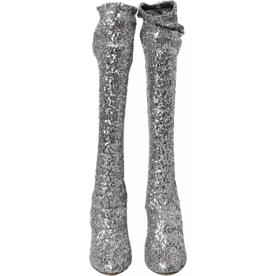 Dolce & Gabbana Silver Sequined High Boots Stretch Shoes