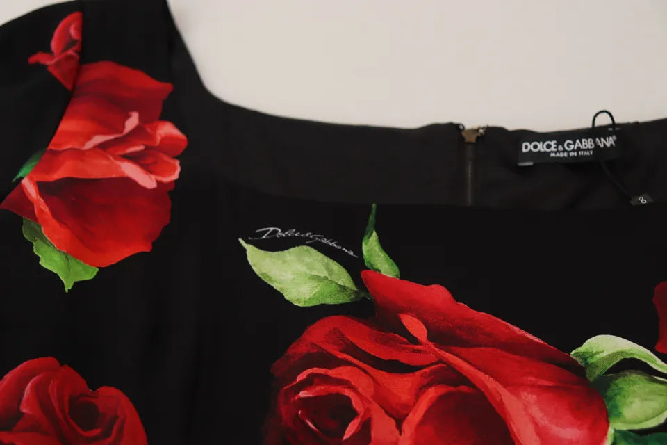 Dolce & Gabbana Black Red Roses Sheath Silk Stretch Dress