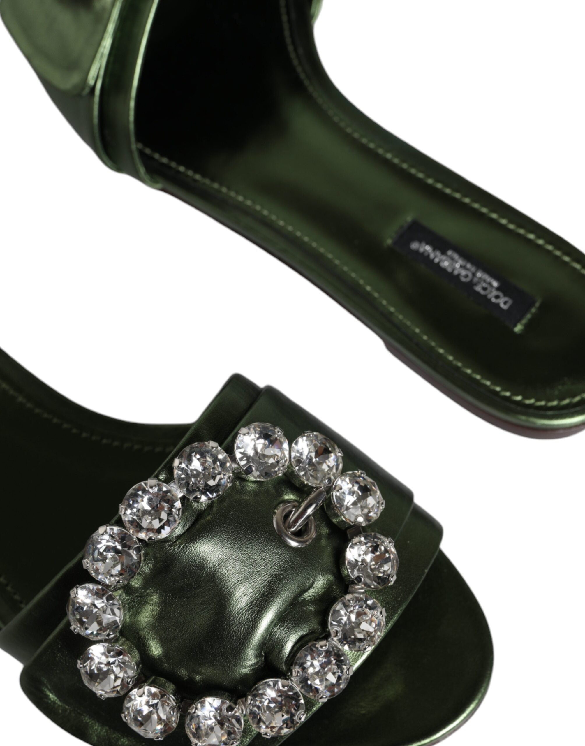 Dolce & Gabbana Metallic Green Crystal Leather Flats Sandals Shoes