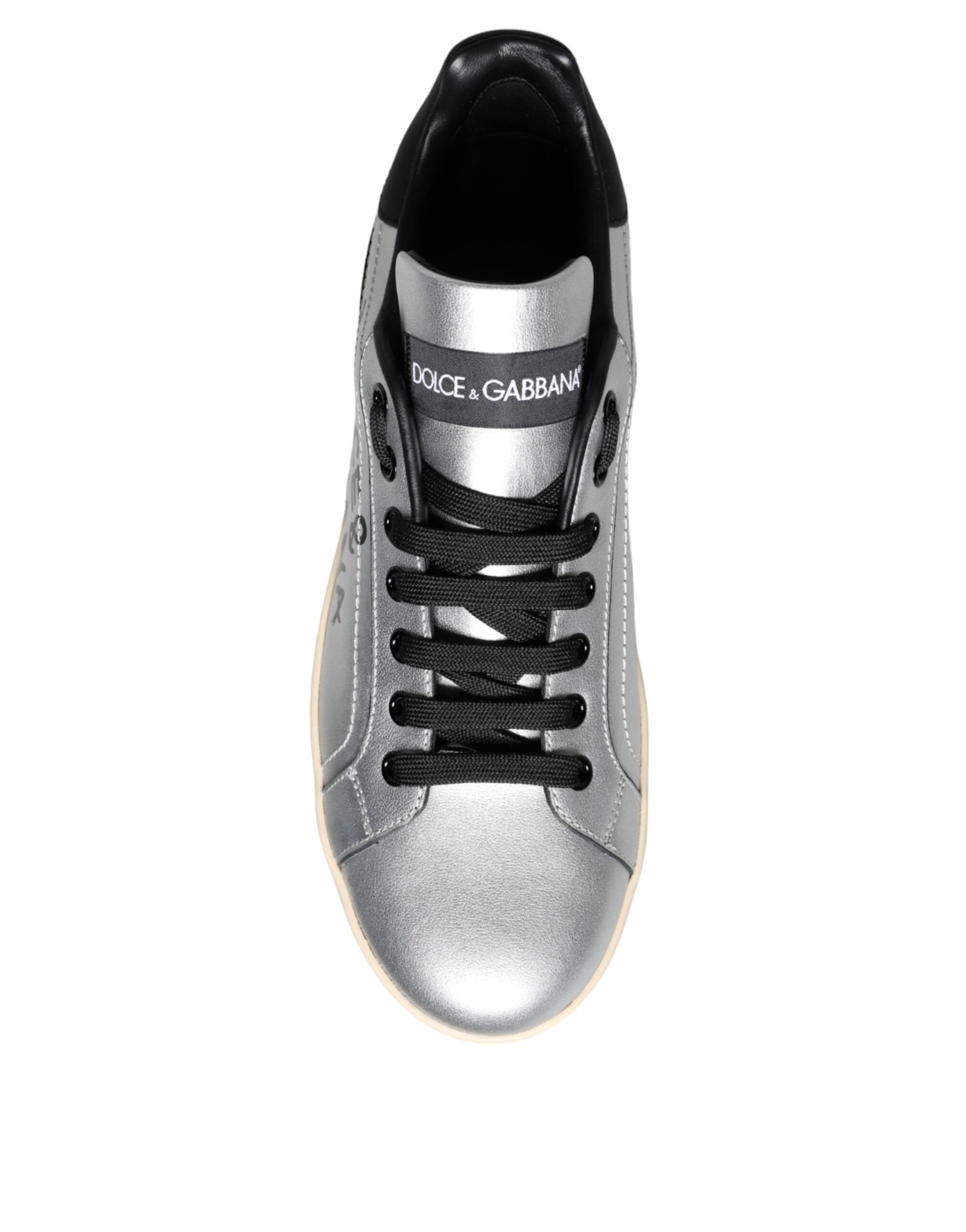 Dolce & Gabbana Silver Portofino Calf Leather Sneakers Shoes