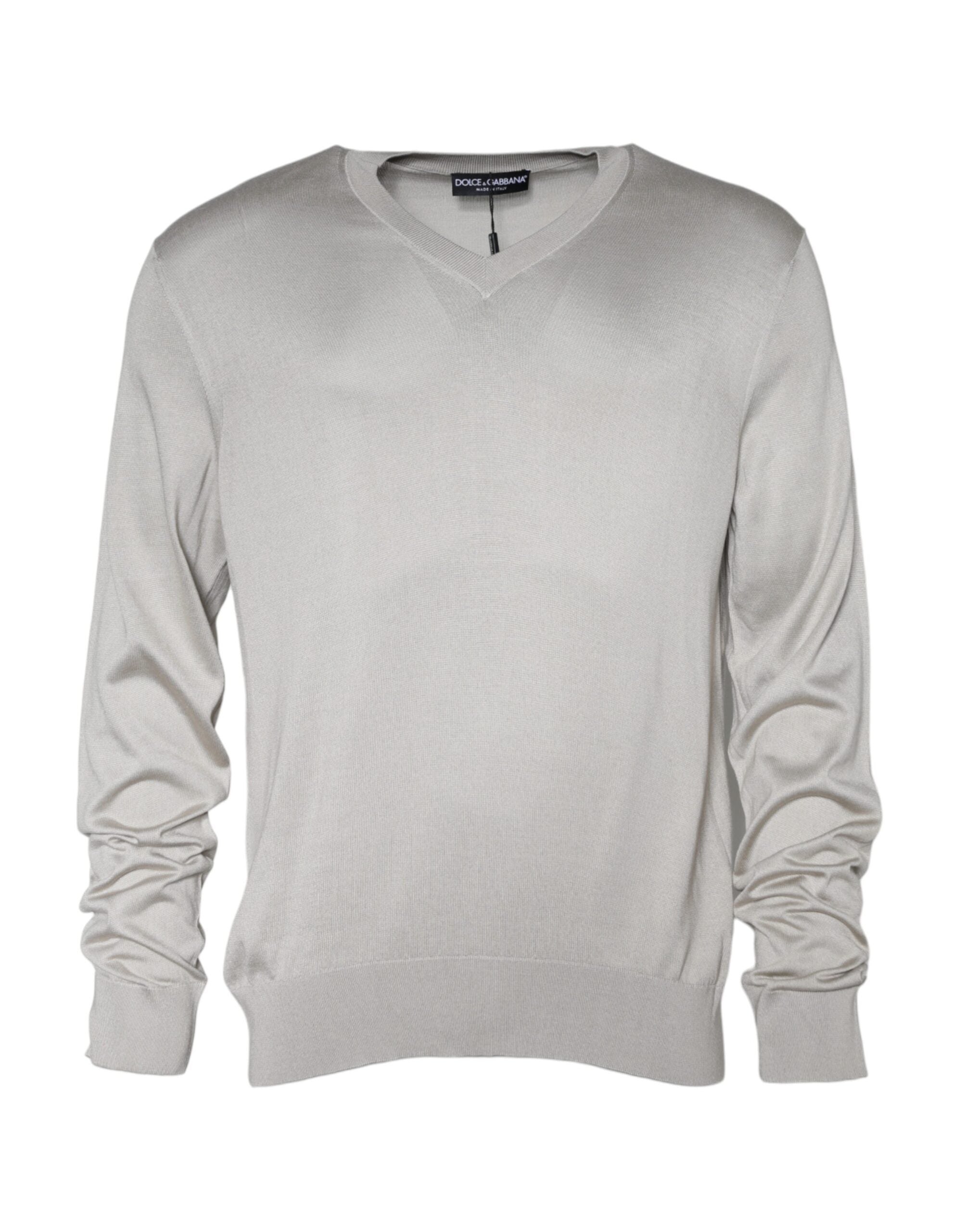 Dolce & Gabbana Off White Silk V-neck Long Sleeves Pullover Sweater