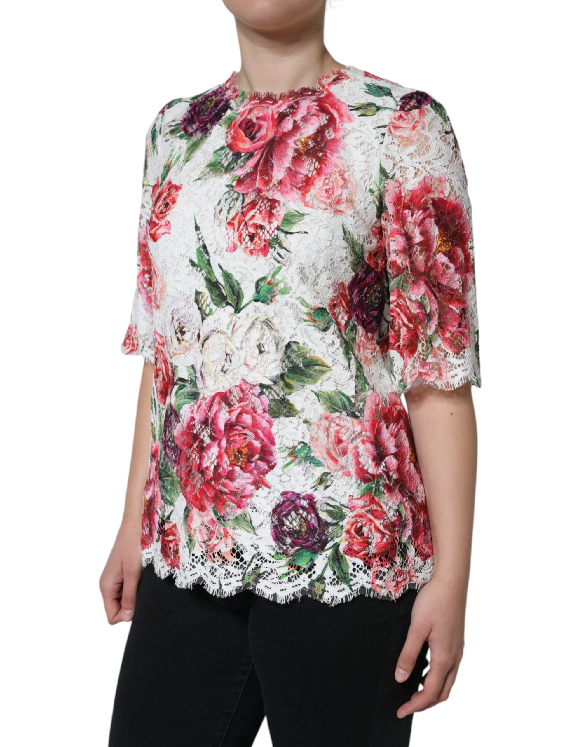 Dolce & Gabbana White Peony Lace Short Sleeves Blouse Top