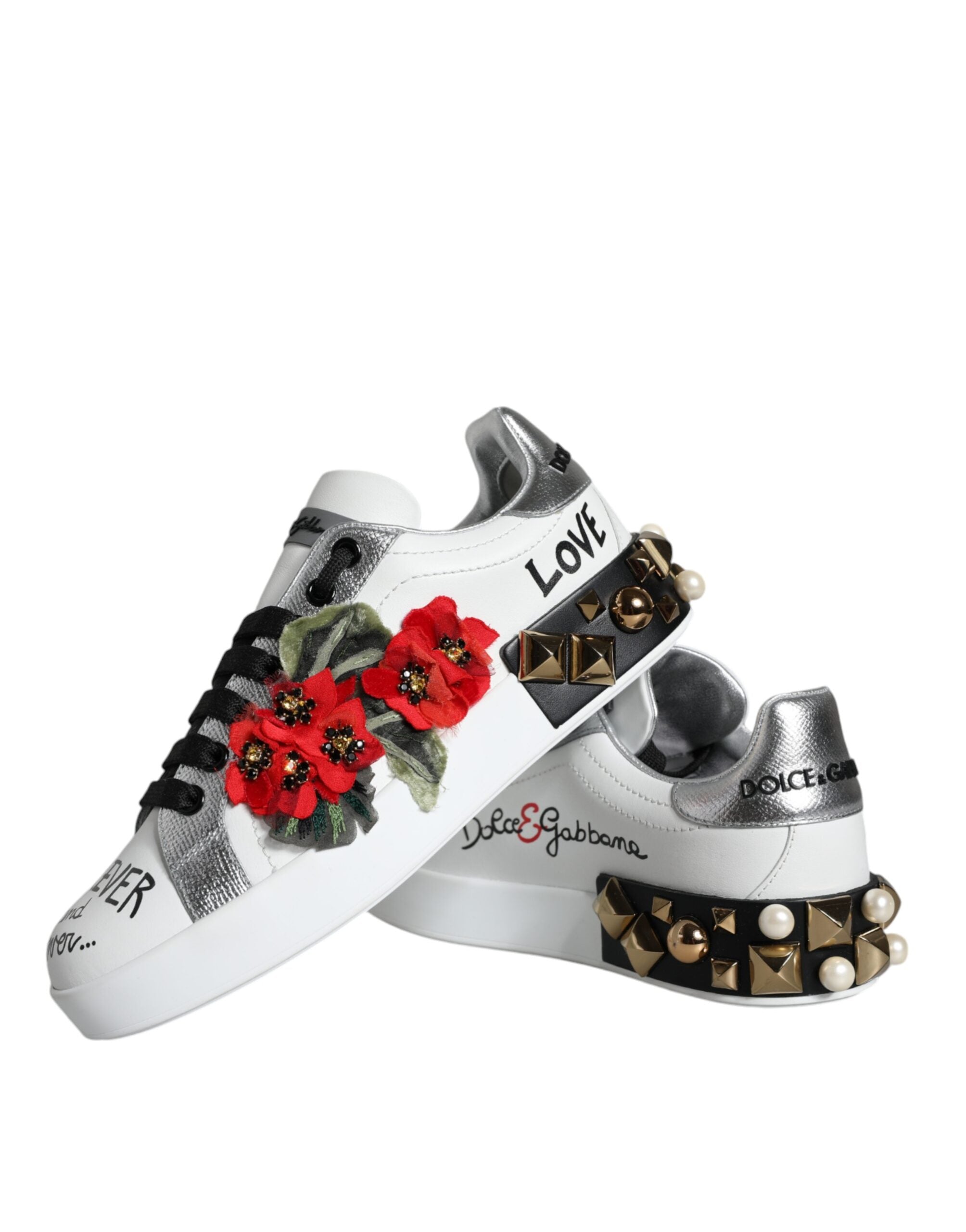 Dolce & Gabbana White Leather Floral Studded Sneakers Shoes