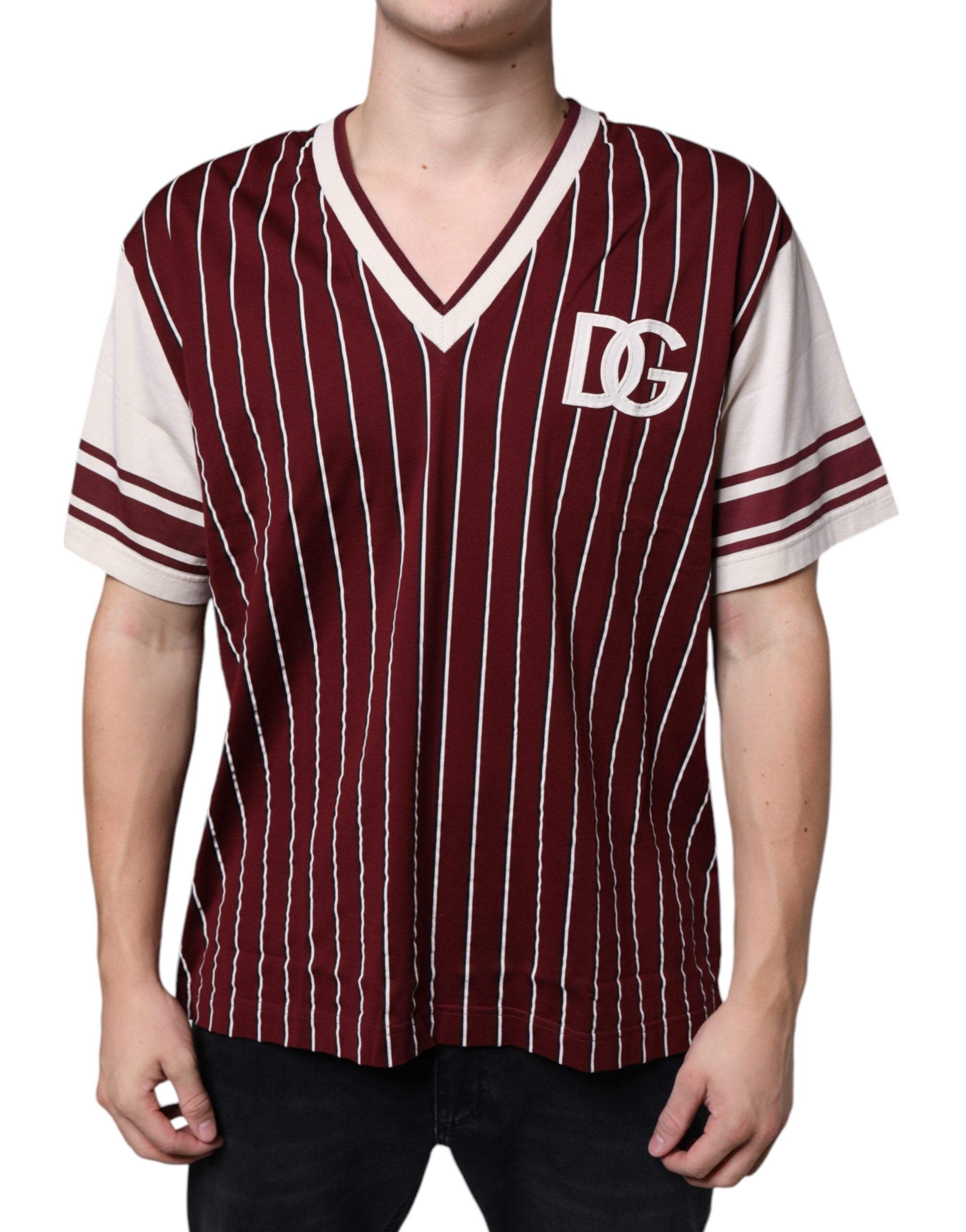 Dolce & Gabbana Maroon Stripes Cotton Logo V-neck T-shirt