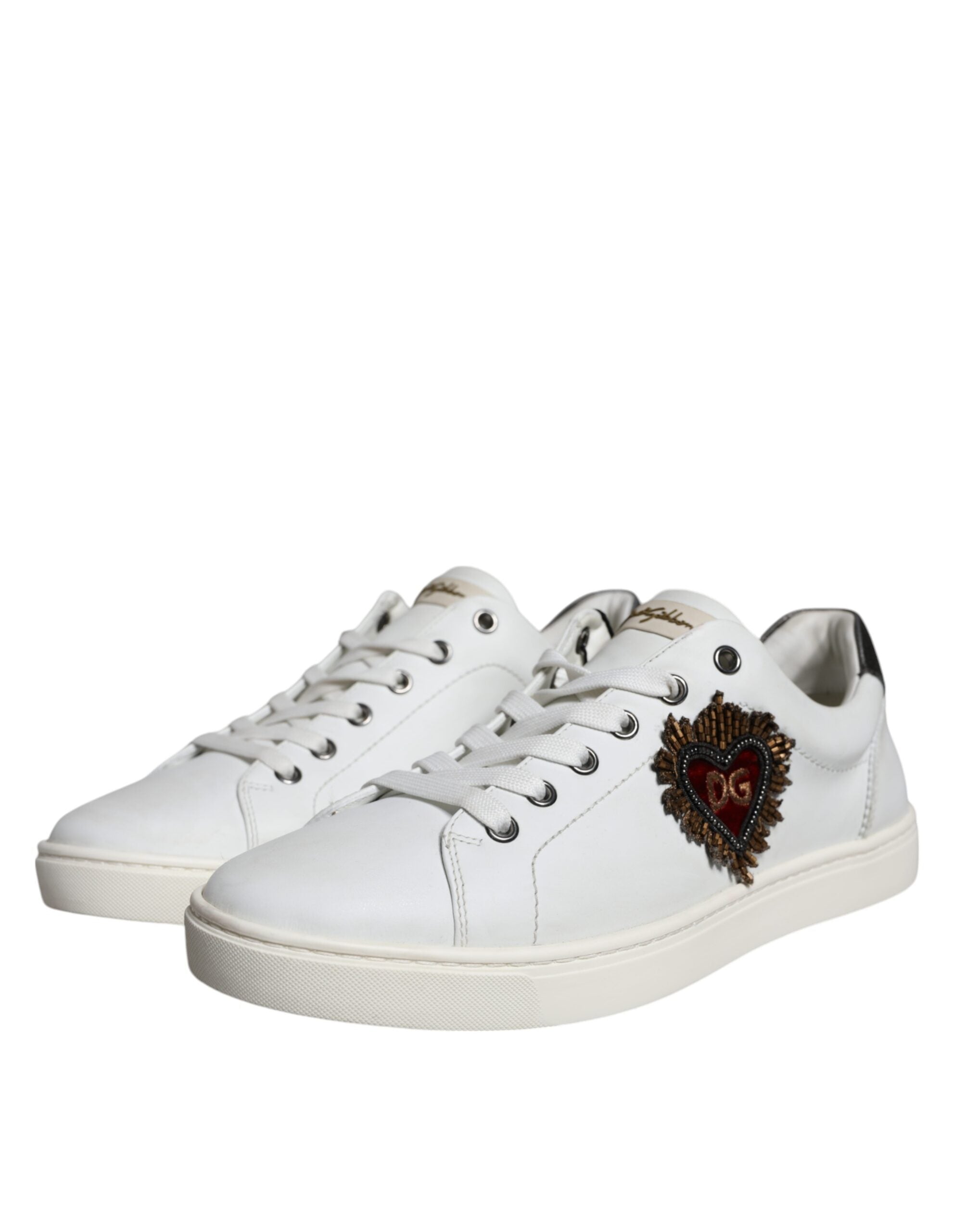 Dolce & Gabbana White Leather Heart Low Top Casual Sneakers Shoes