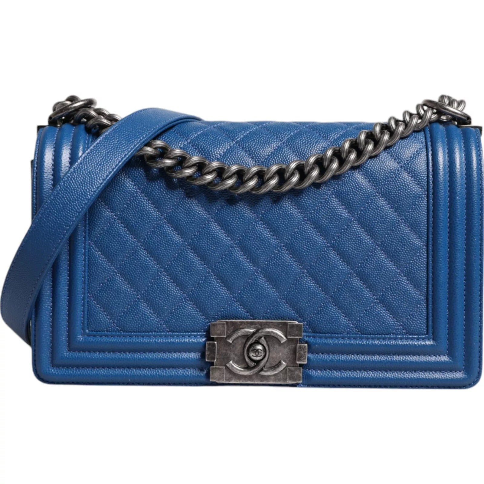 Chanel Blue Lambskin Double Chain Leather Medium Shoulder Bag