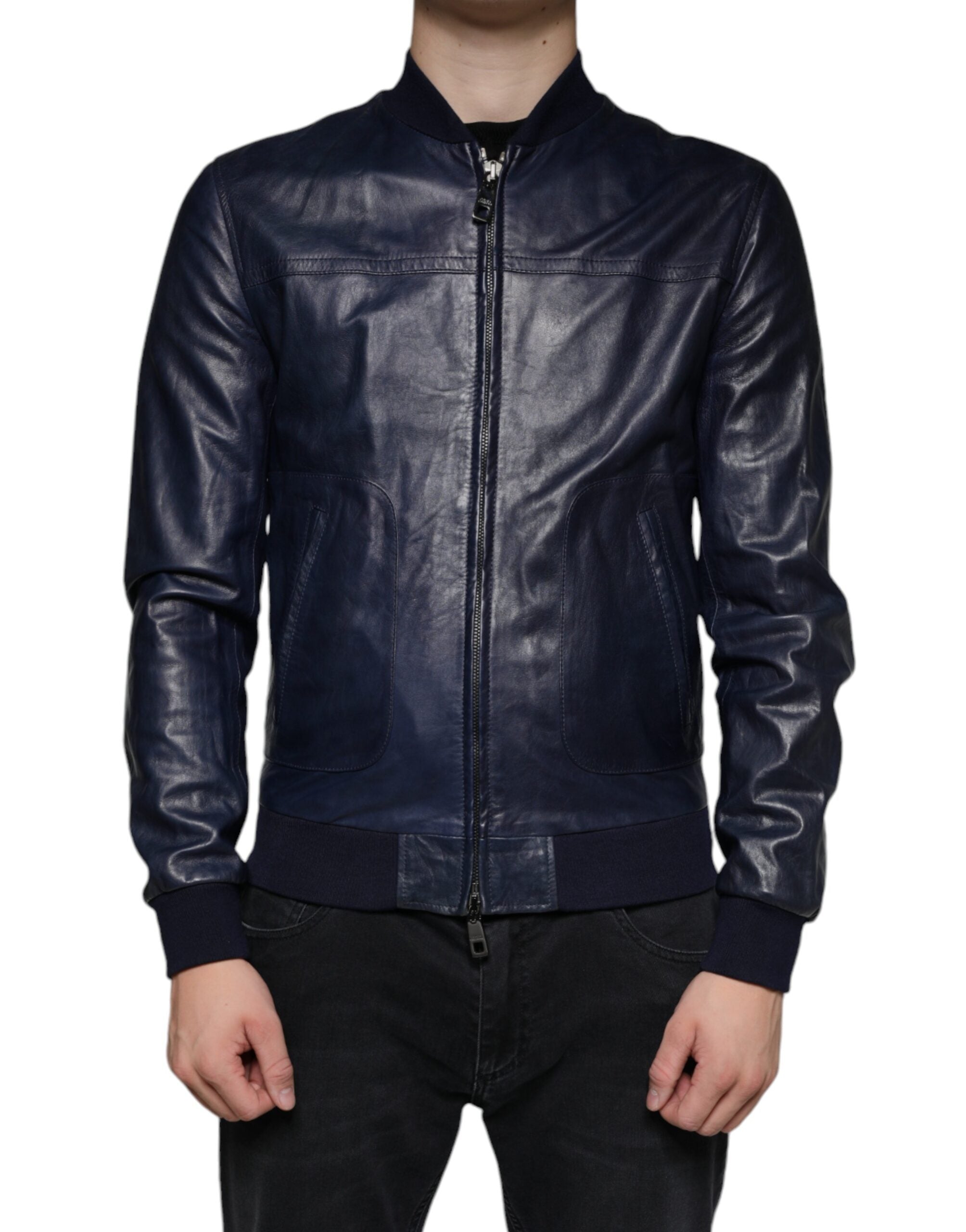 Dolce & Gabbana Blue Lambskin Leather Full Zip Biker Jacket