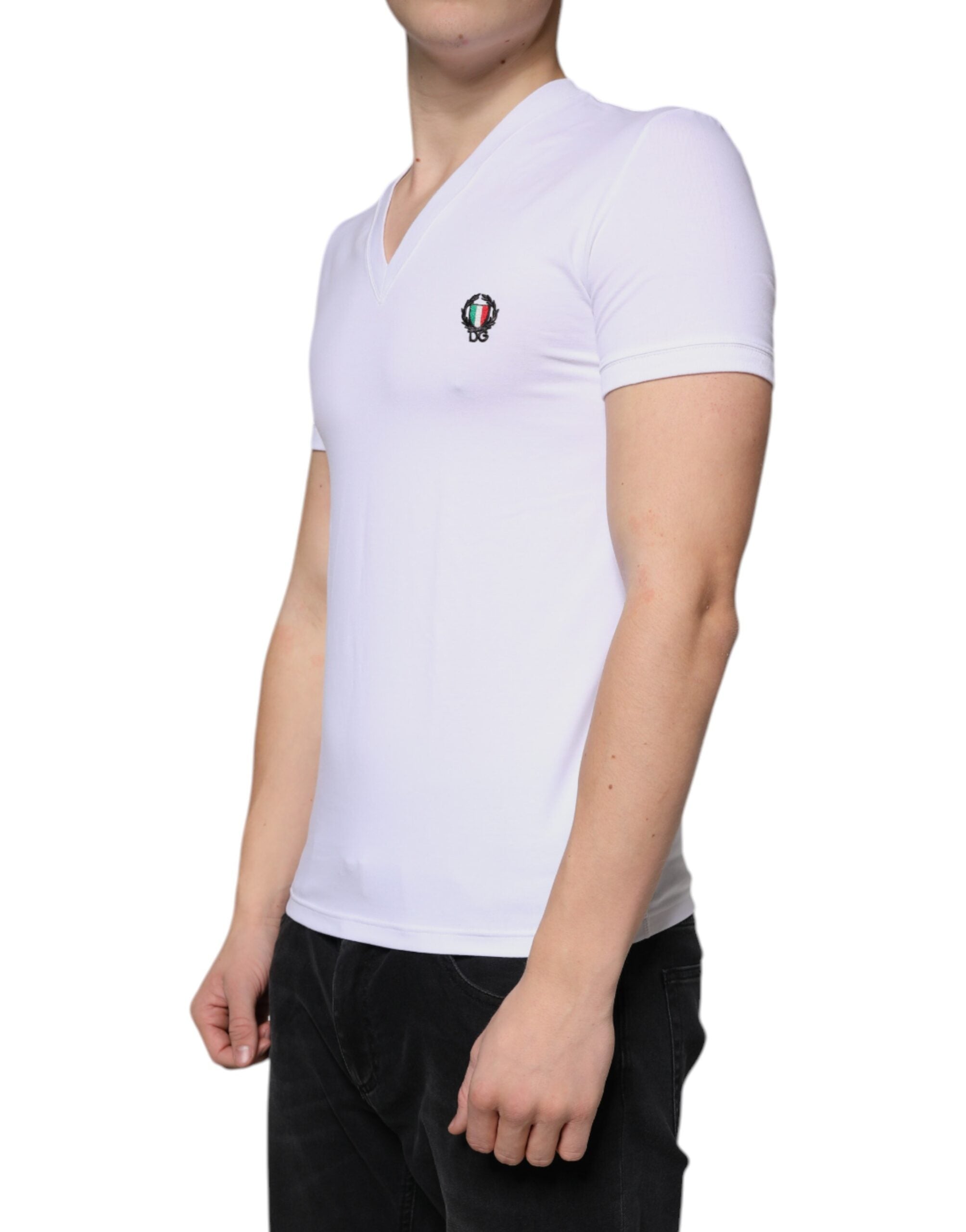 Dolce & Gabbana White Logo Cotton Deep V-neck T-shirt