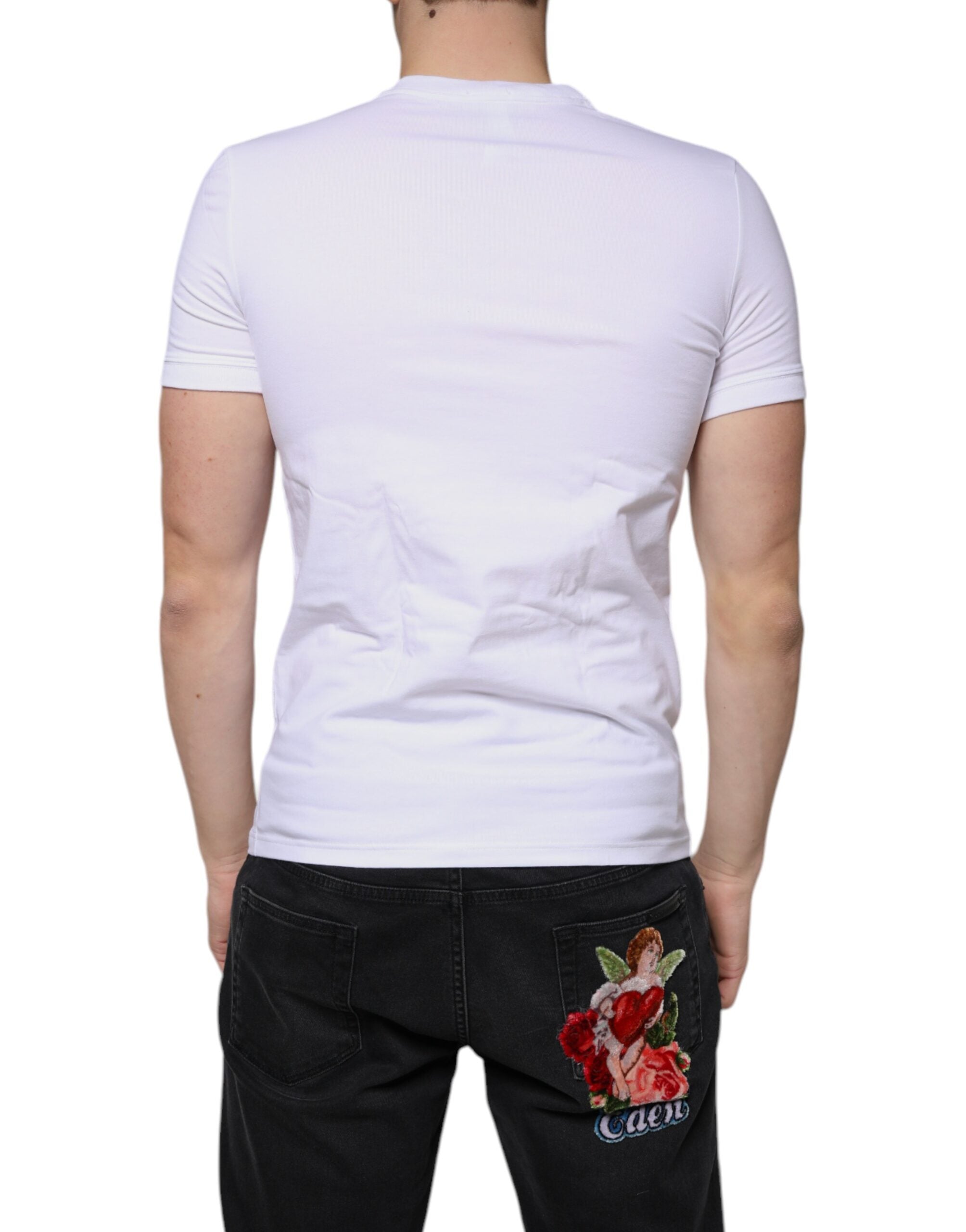 Dolce & Gabbana White Logo Cotton Deep V-neck T-shirt