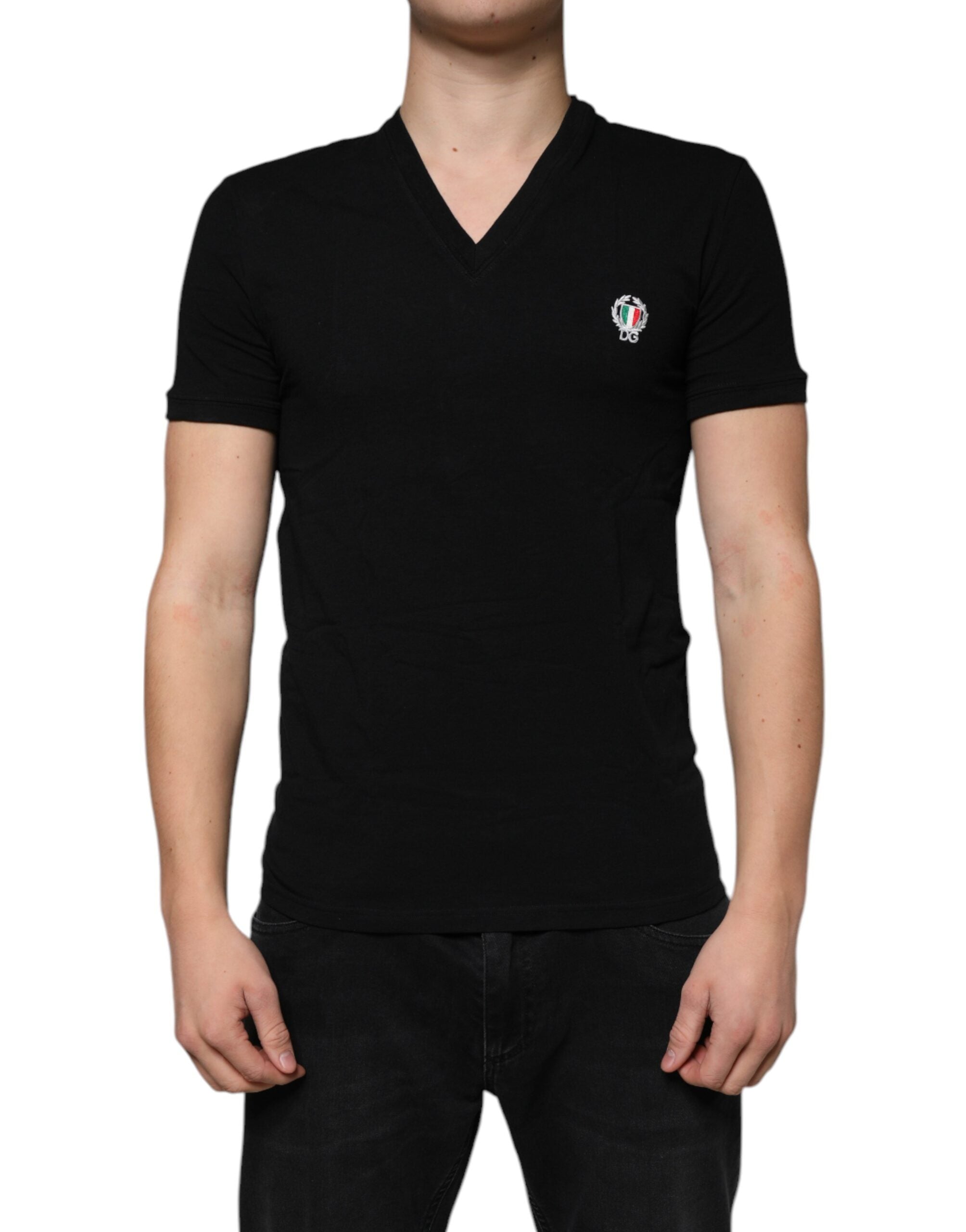 Dolce & Gabbana Black Logo Cotton Deep V-neck T-shirt