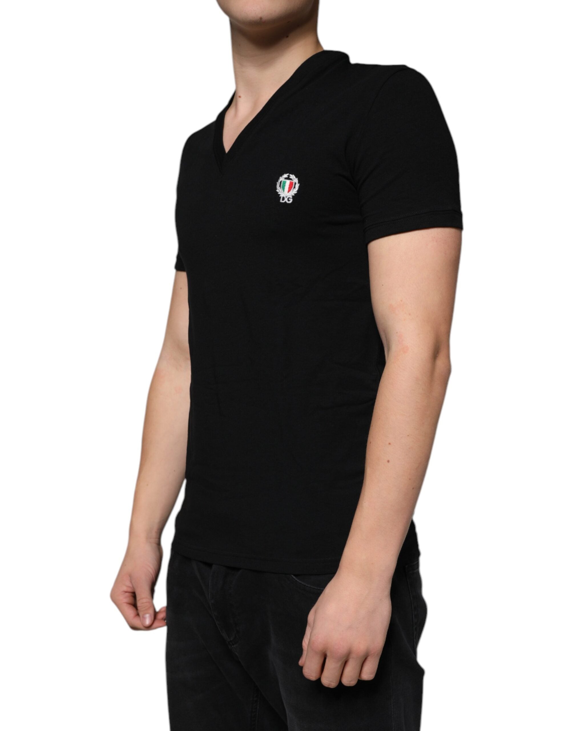 Dolce & Gabbana Black Logo Cotton Deep V-neck T-shirt