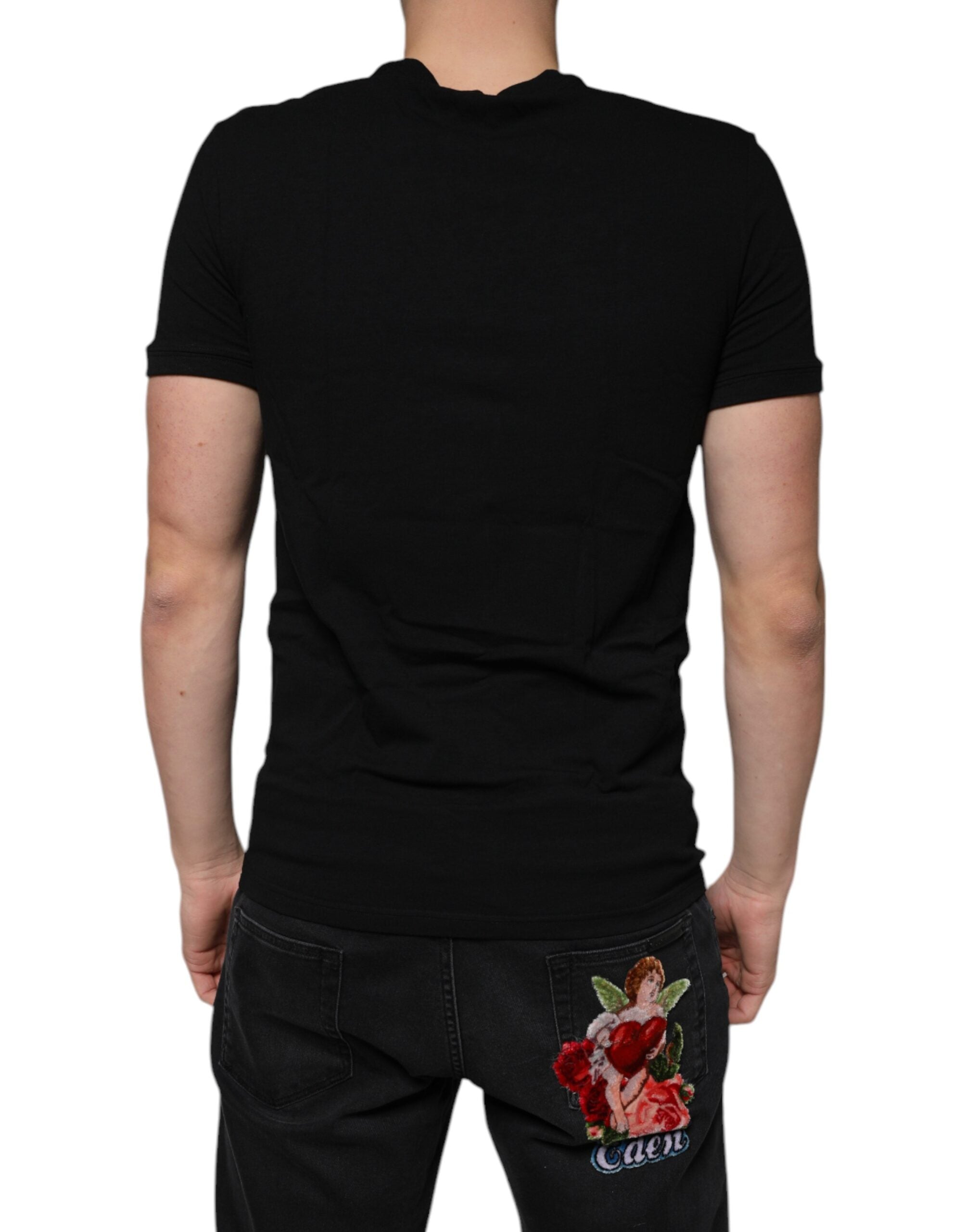 Dolce & Gabbana Black Logo Cotton Deep V-neck T-shirt