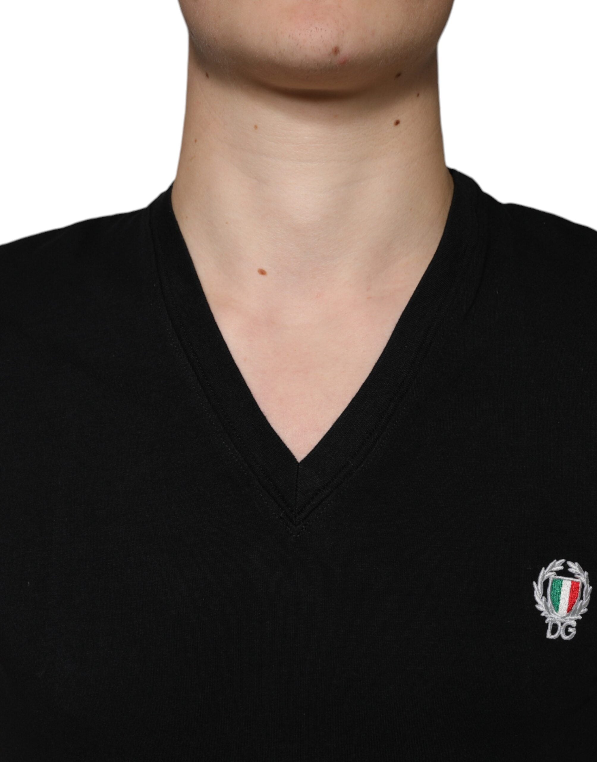 Dolce & Gabbana Black Logo Cotton Deep V-neck T-shirt