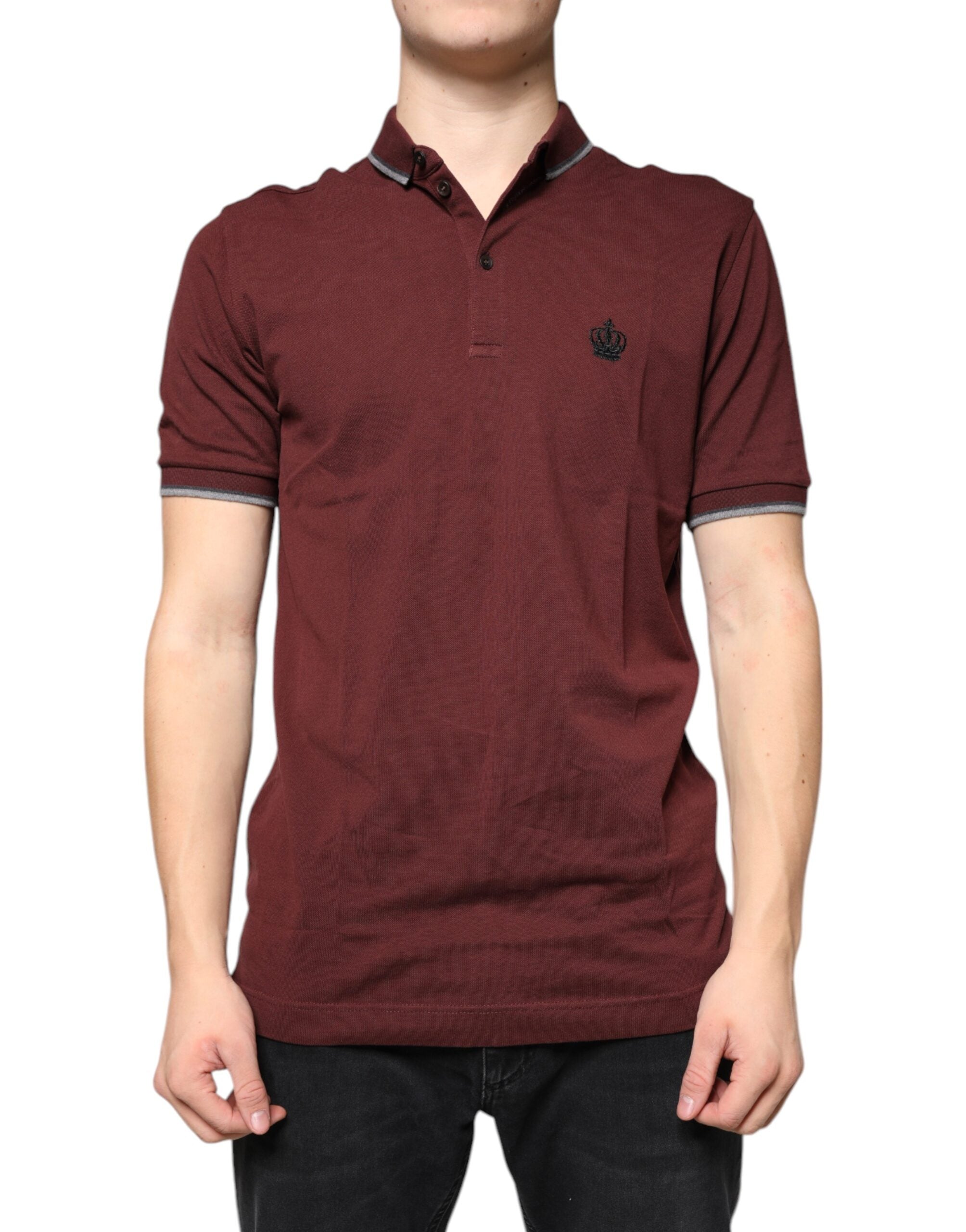 Dolce & Gabbana Maroon Crown Embroidery Collared Polo T-shirt