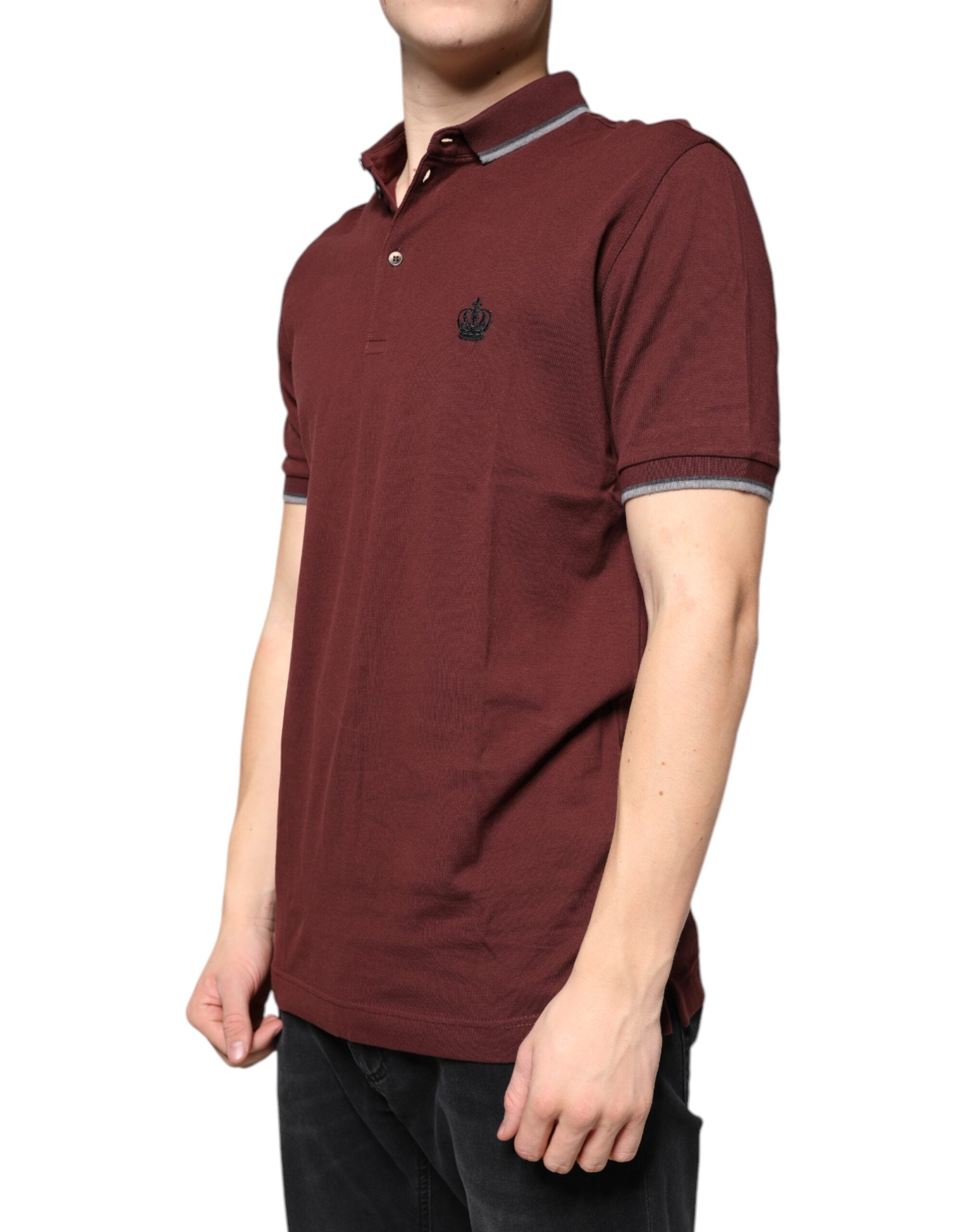 Dolce & Gabbana Maroon Crown Embroidery Collared Polo T-shirt