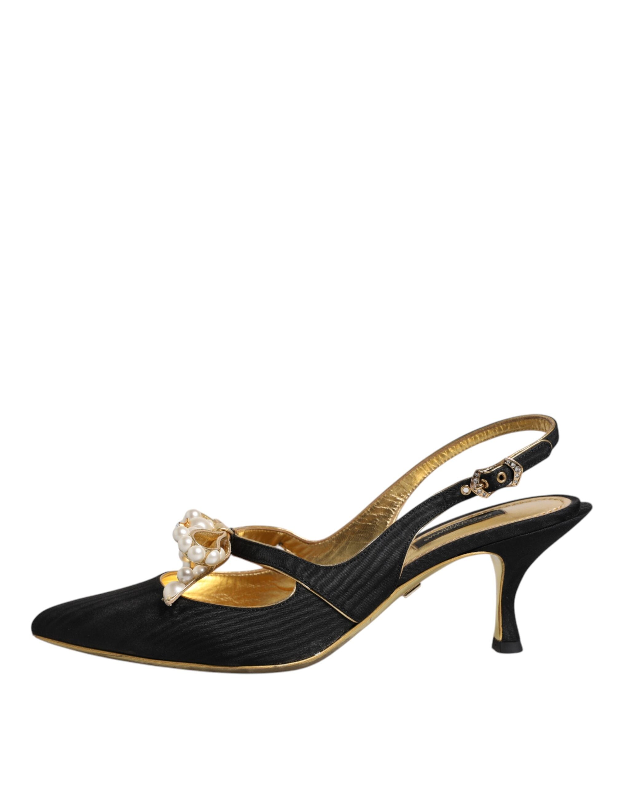 Dolce & Gabbana Black Leather Faux Pearls Slingbacks Shoes