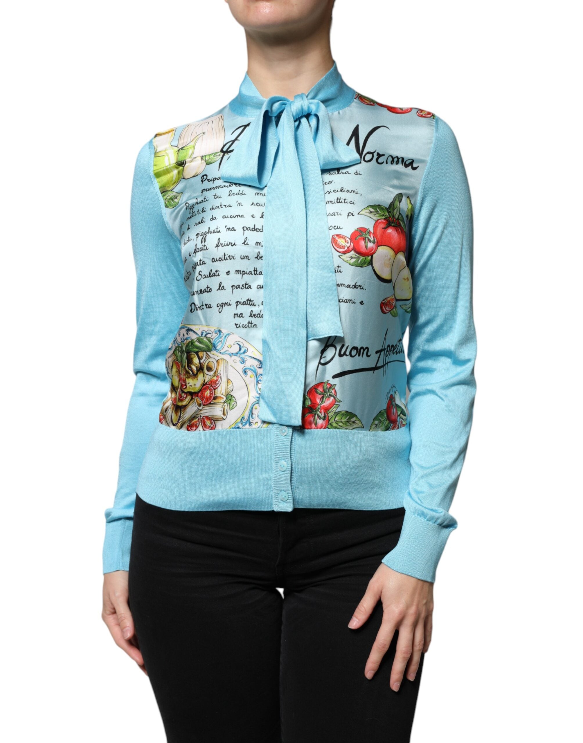 Dolce & Gabbana Blue Pasta Alla Norma Tie Cardigan Sweater