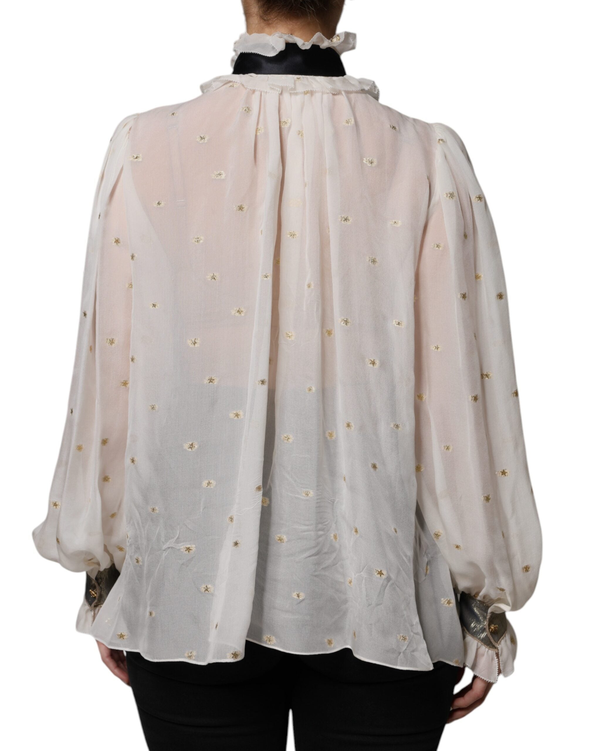 Dolce & Gabbana Off White Silk Blend Ascot Collar Blouse Top