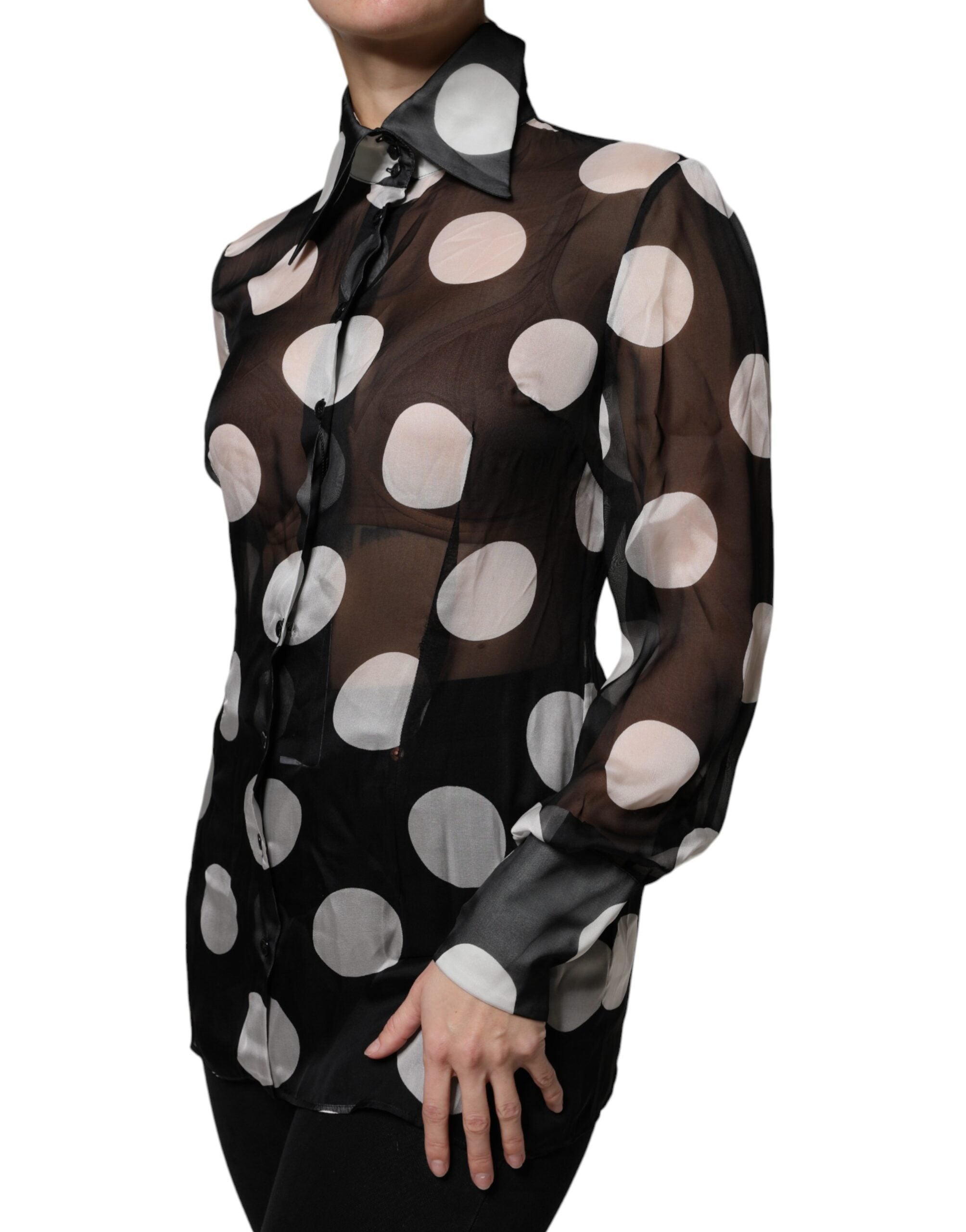 Dolce & Gabbana Black White Polka Dots Silk Long Sleeves Top