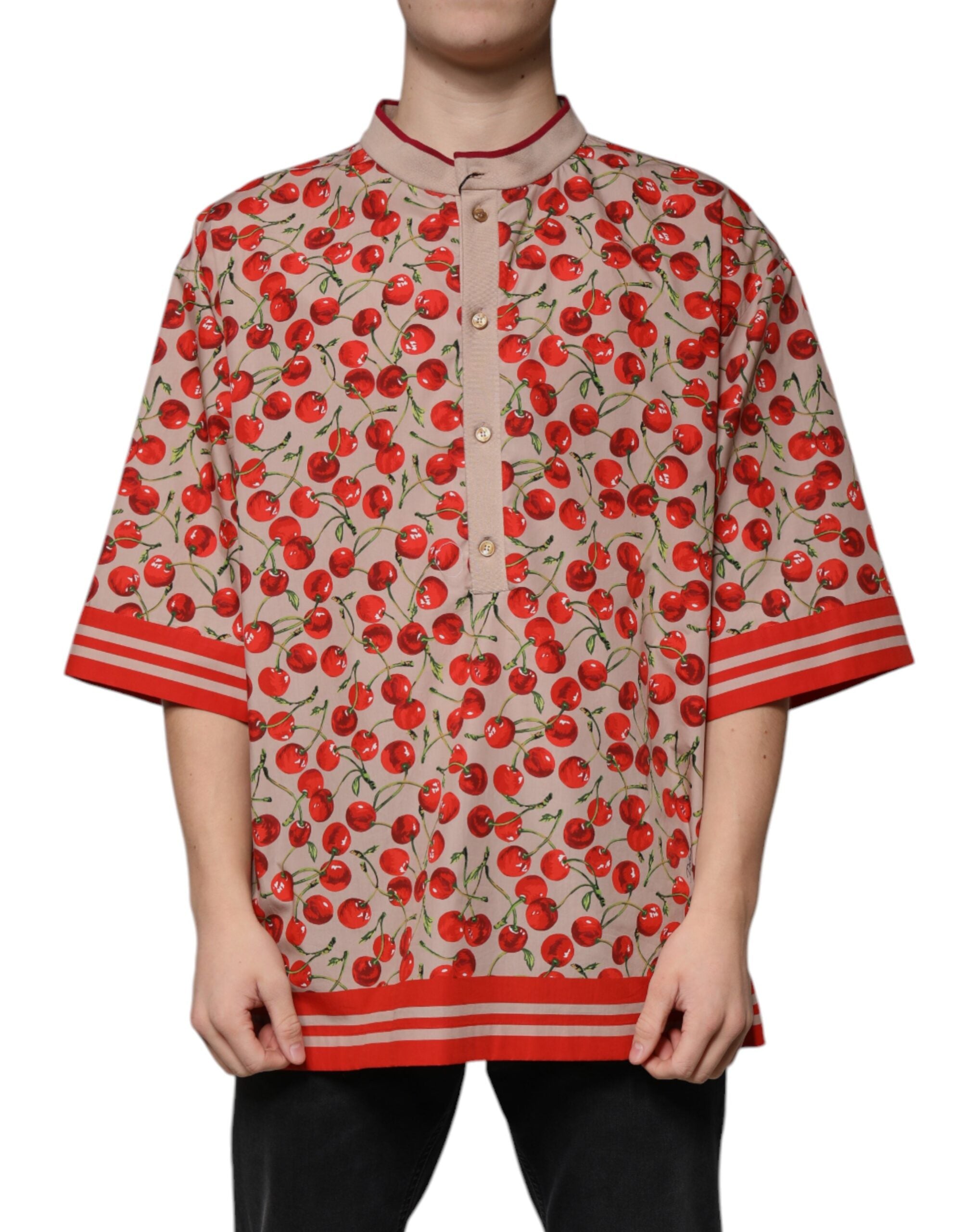 Dolce & Gabbana Beige Cherry Nylon Buttoned Casual Shirt