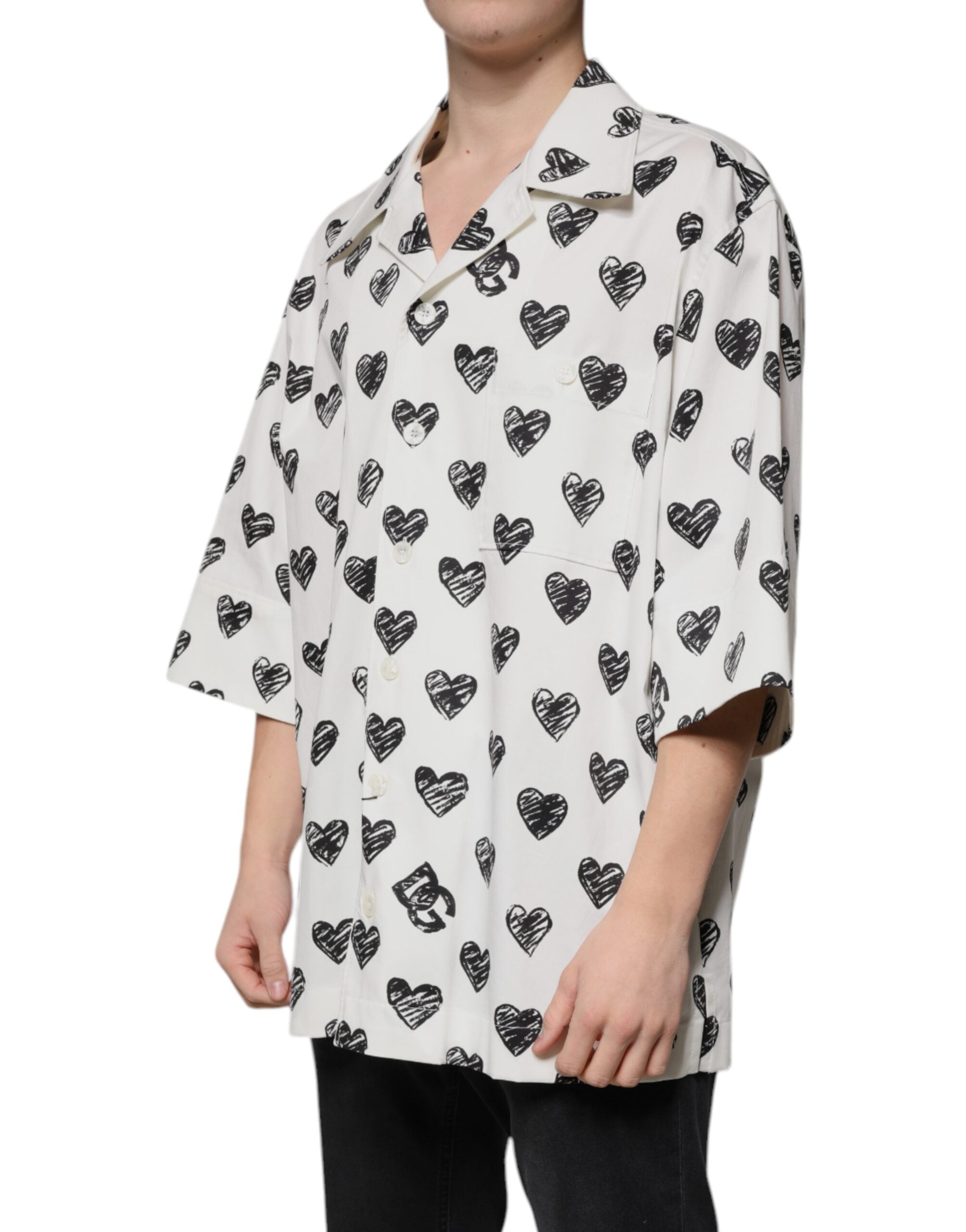 Dolce & Gabbana White Heart Print Short Sleeve Casual Shirt