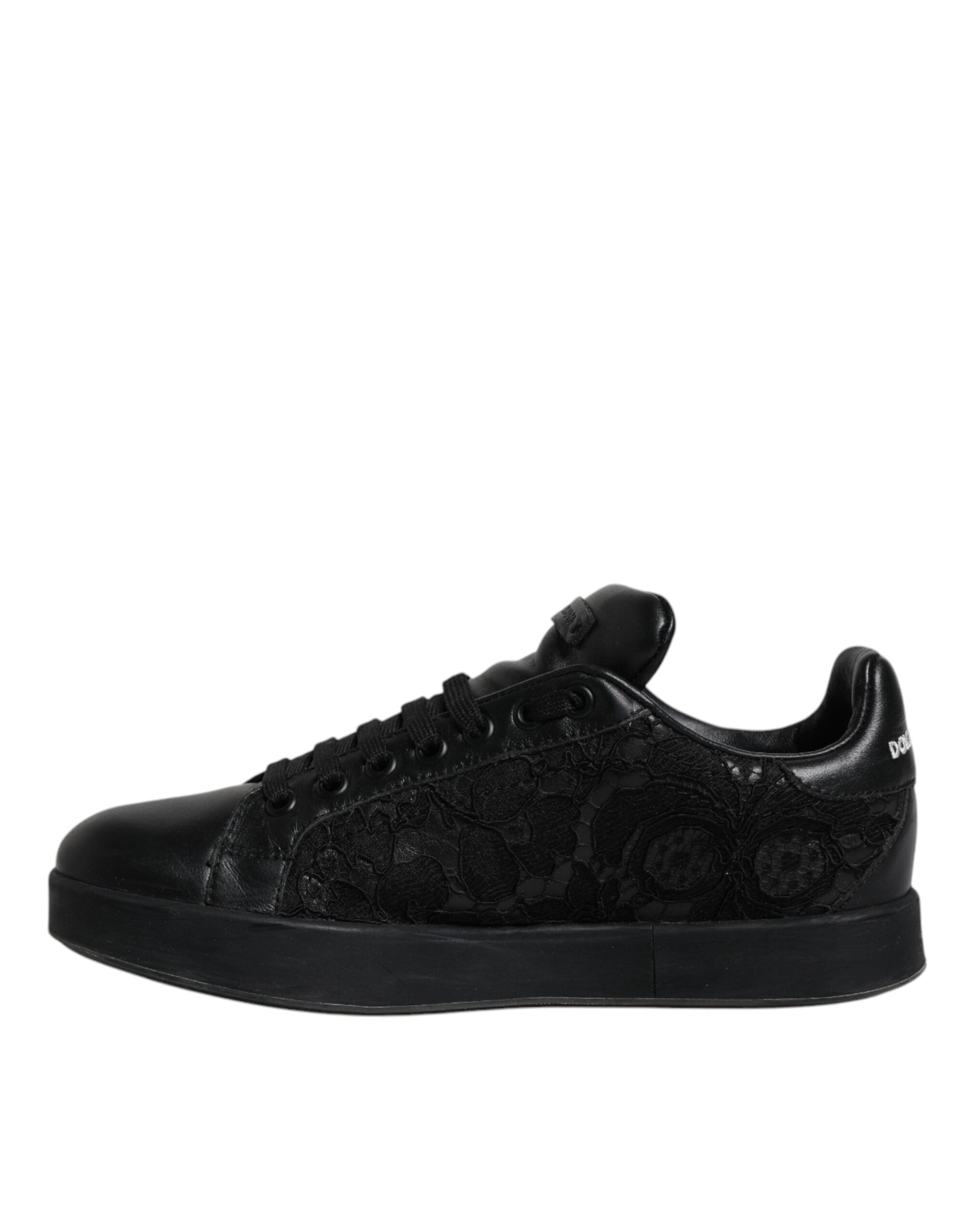 Dolce & Gabbana Black Lace Leather Low Top Sneakers Shoes