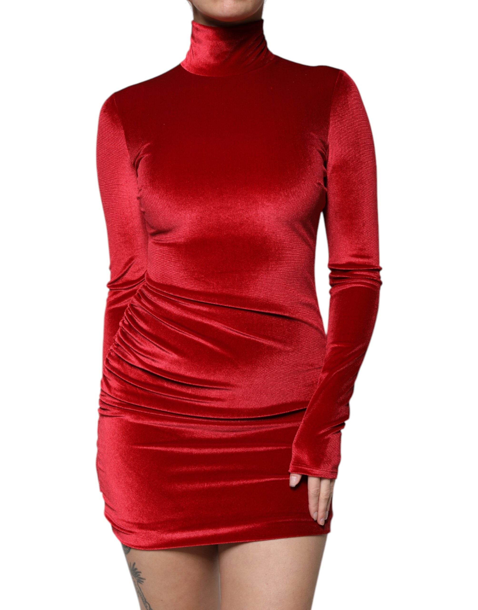 Dolce & Gabbana Red Velvet Long Sleeves Bodycon Mini Dress