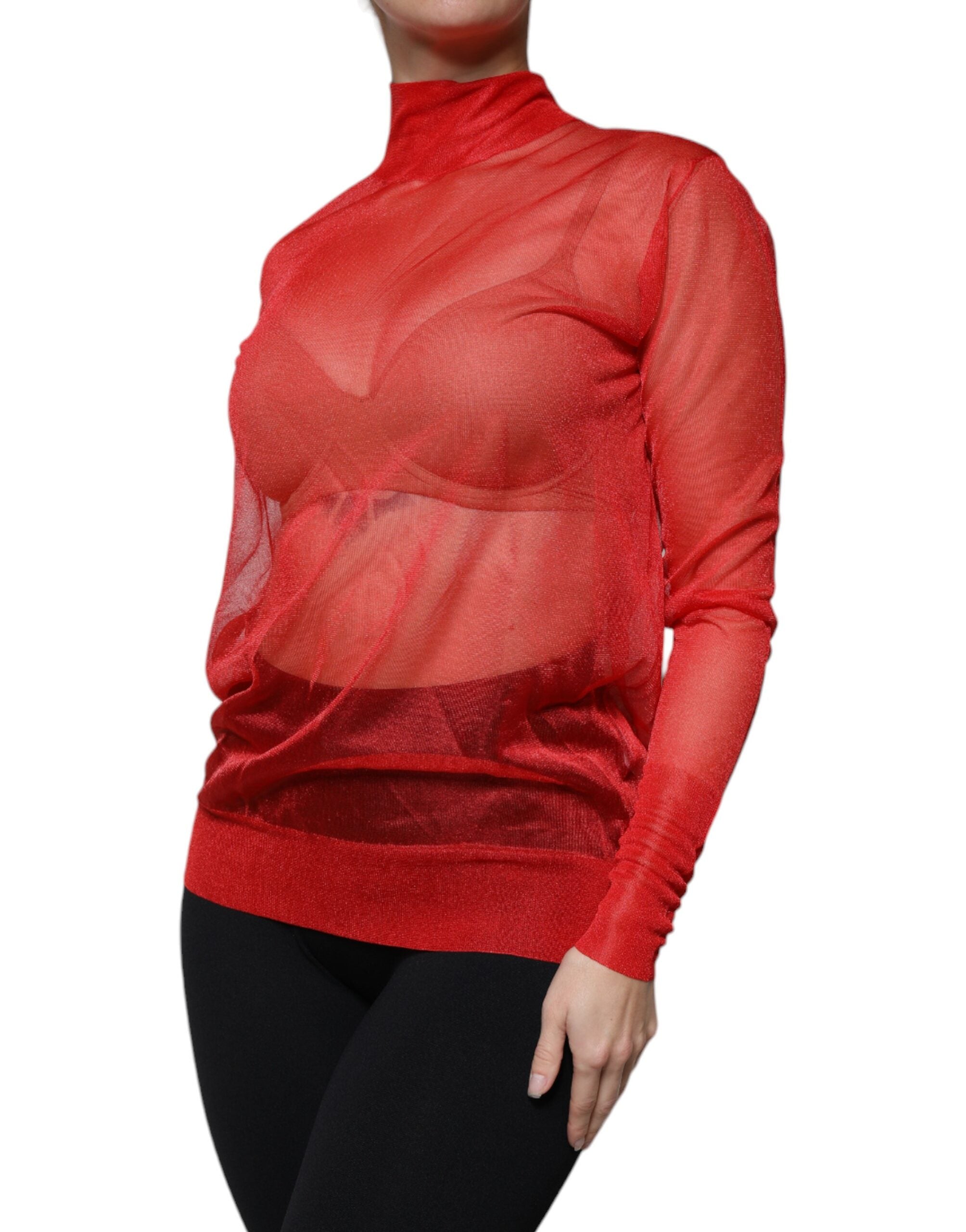 Dolce & Gabbana Red Mesh Turtleneck Long Sleeve Blouse Top