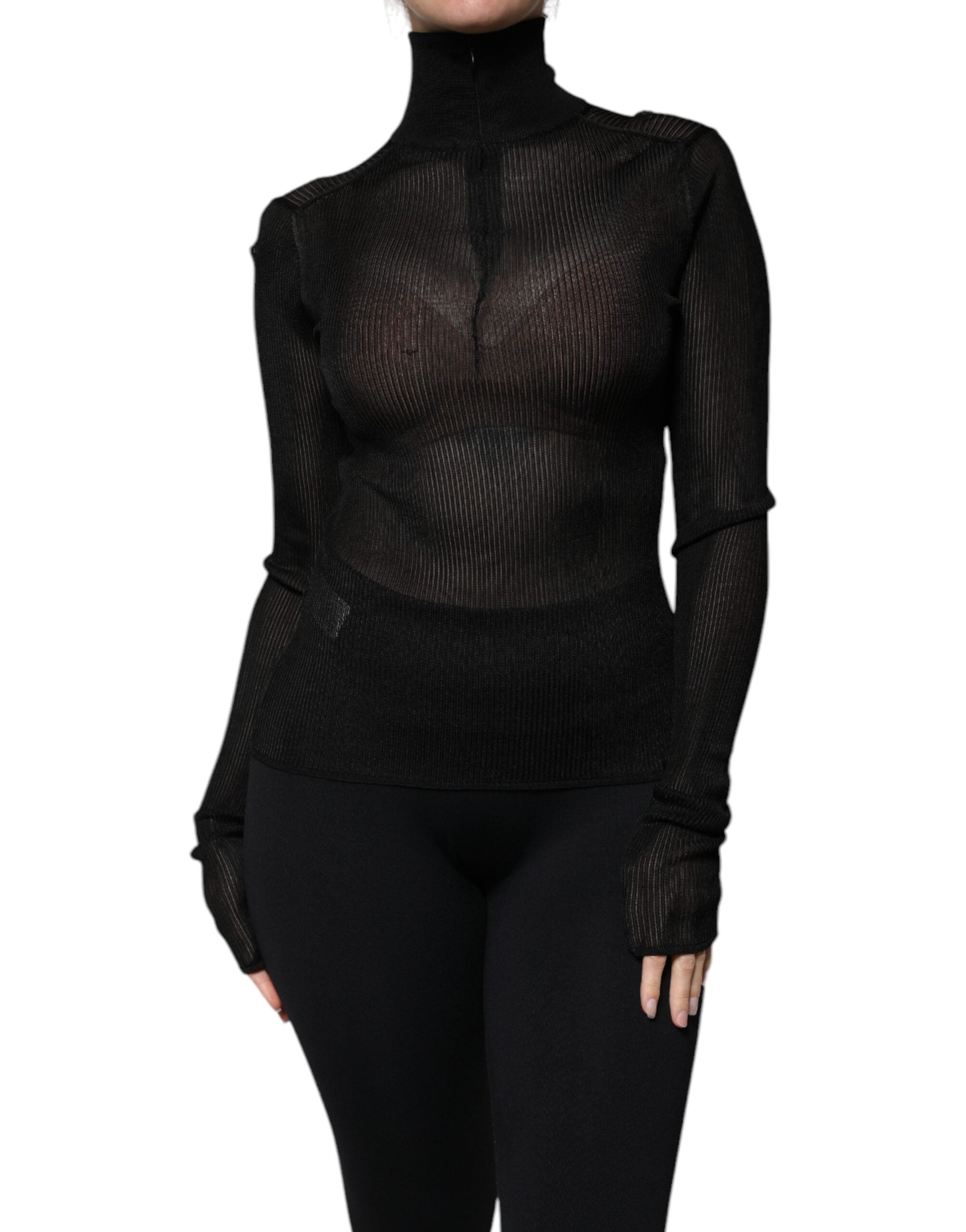 Dolce & Gabbana Black Mesh Turtleneck Long Sleeve Blouse Top