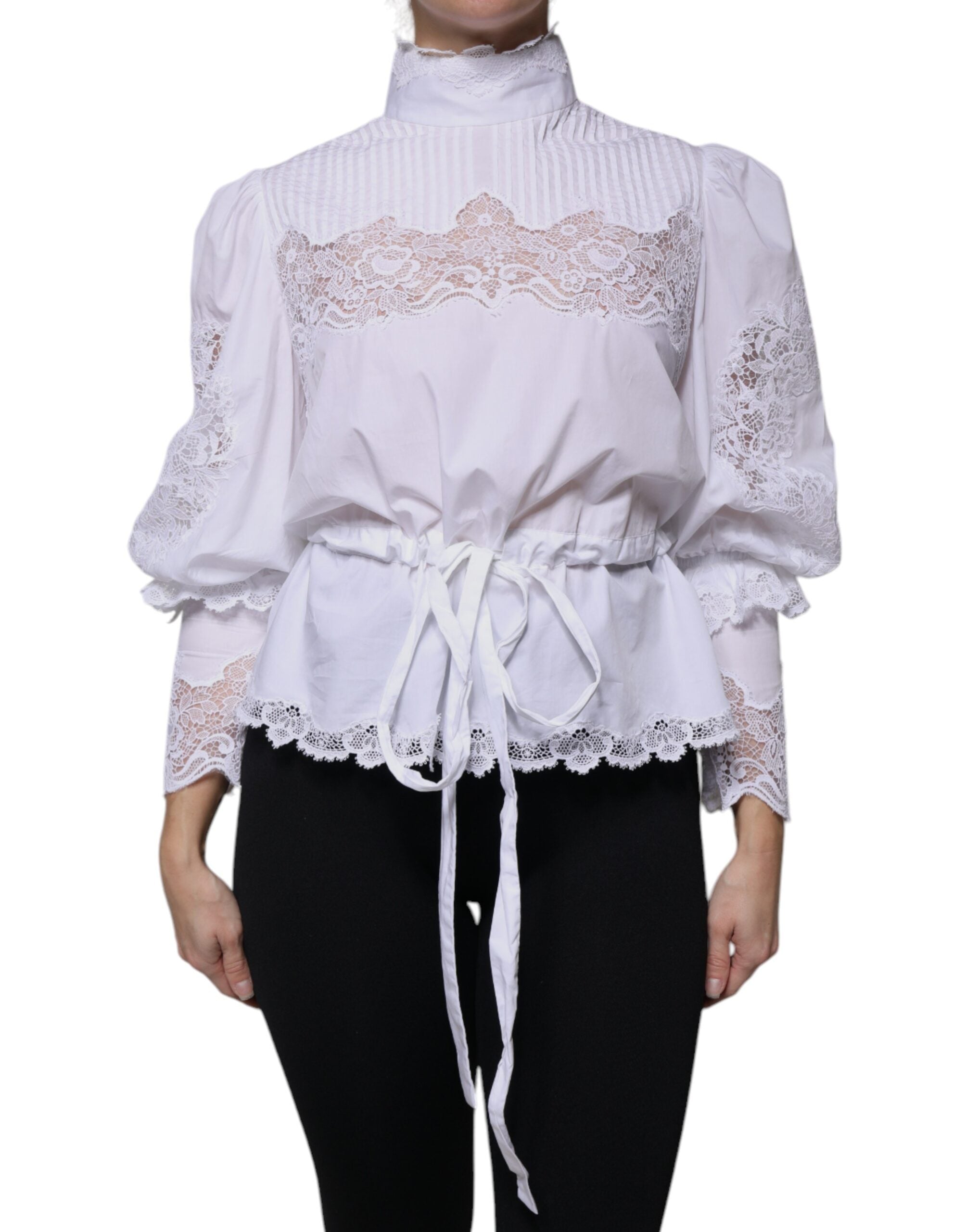 Dolce & Gabbana White Cotton Lace Trim Turtleneck Blouse Top