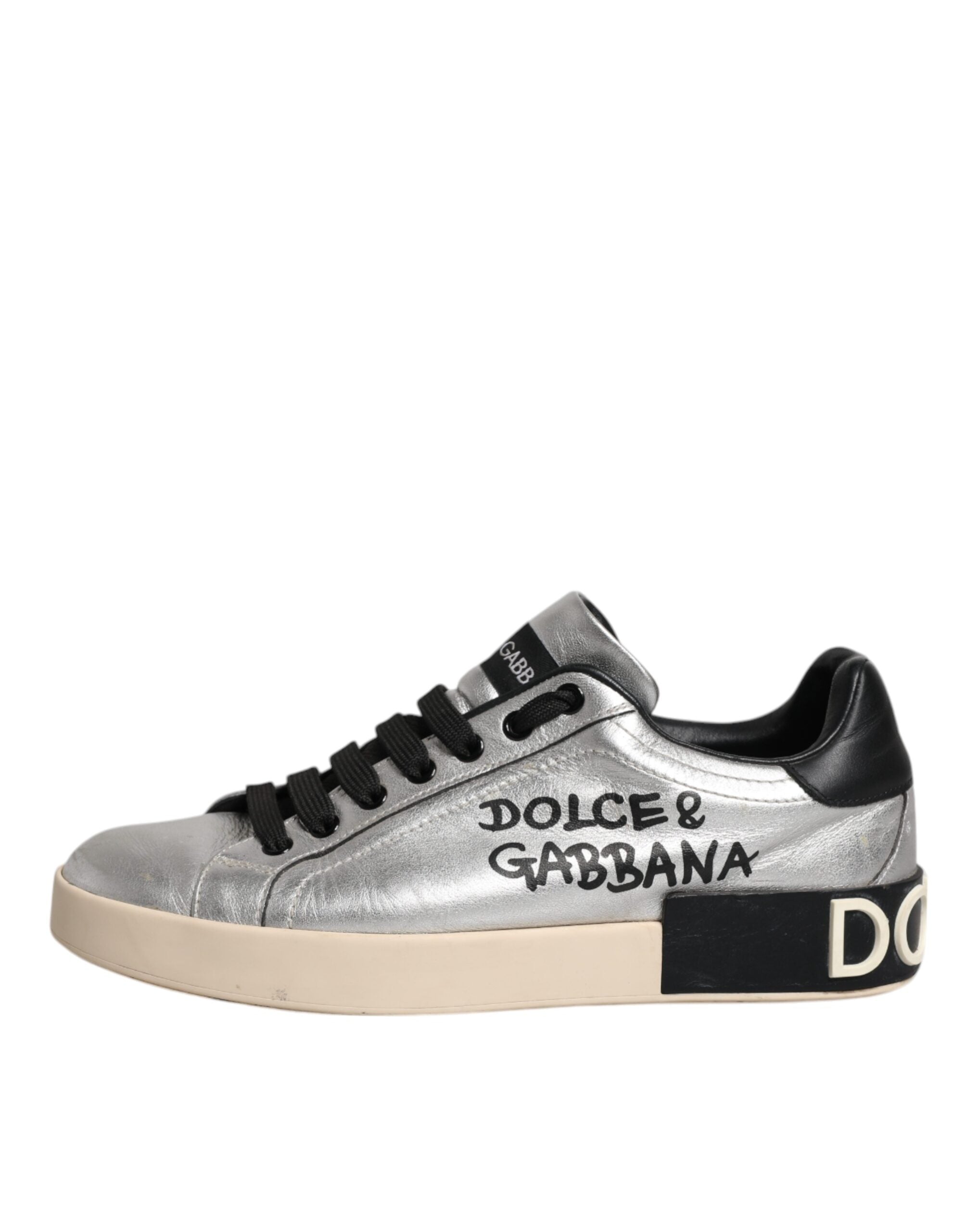 Dolce & Gabbana Silver Calf Leather Portofino Sneakers Shoes