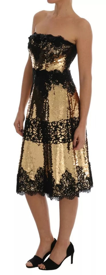 Dolce & Gabbana Gold Strapless Sequin Embellished Lace Dress