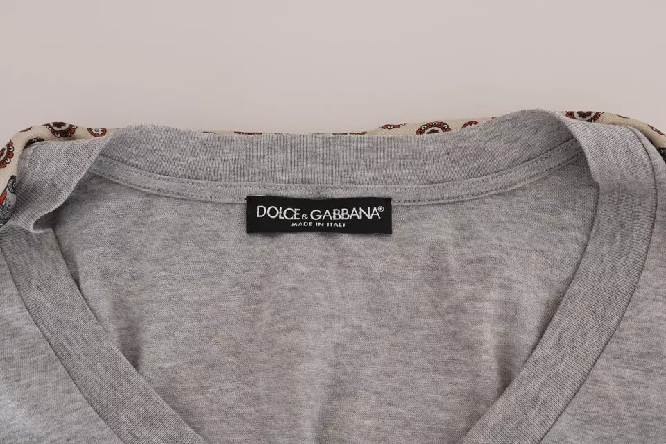 Dolce & Gabbana Gray Cotton Owl Silk Scarf Top T-shirt