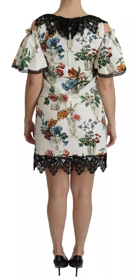 Dolce & Gabbana White Lace Floral Vase Shift Mini Dress