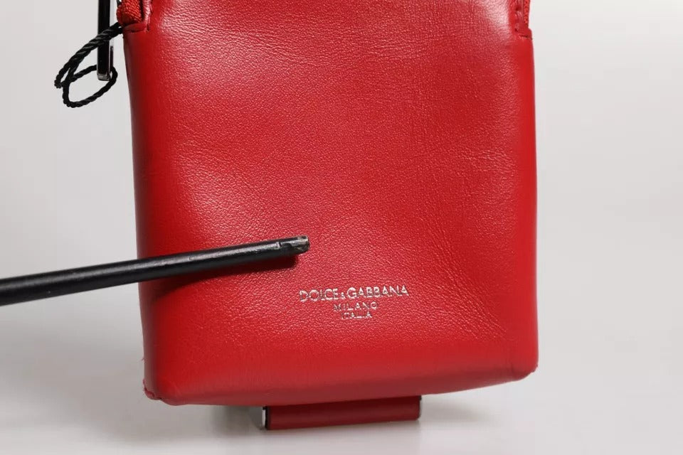 Dolce & Gabbana Red Leather Logo Zip Around Card Holder Wide Strap Wallet