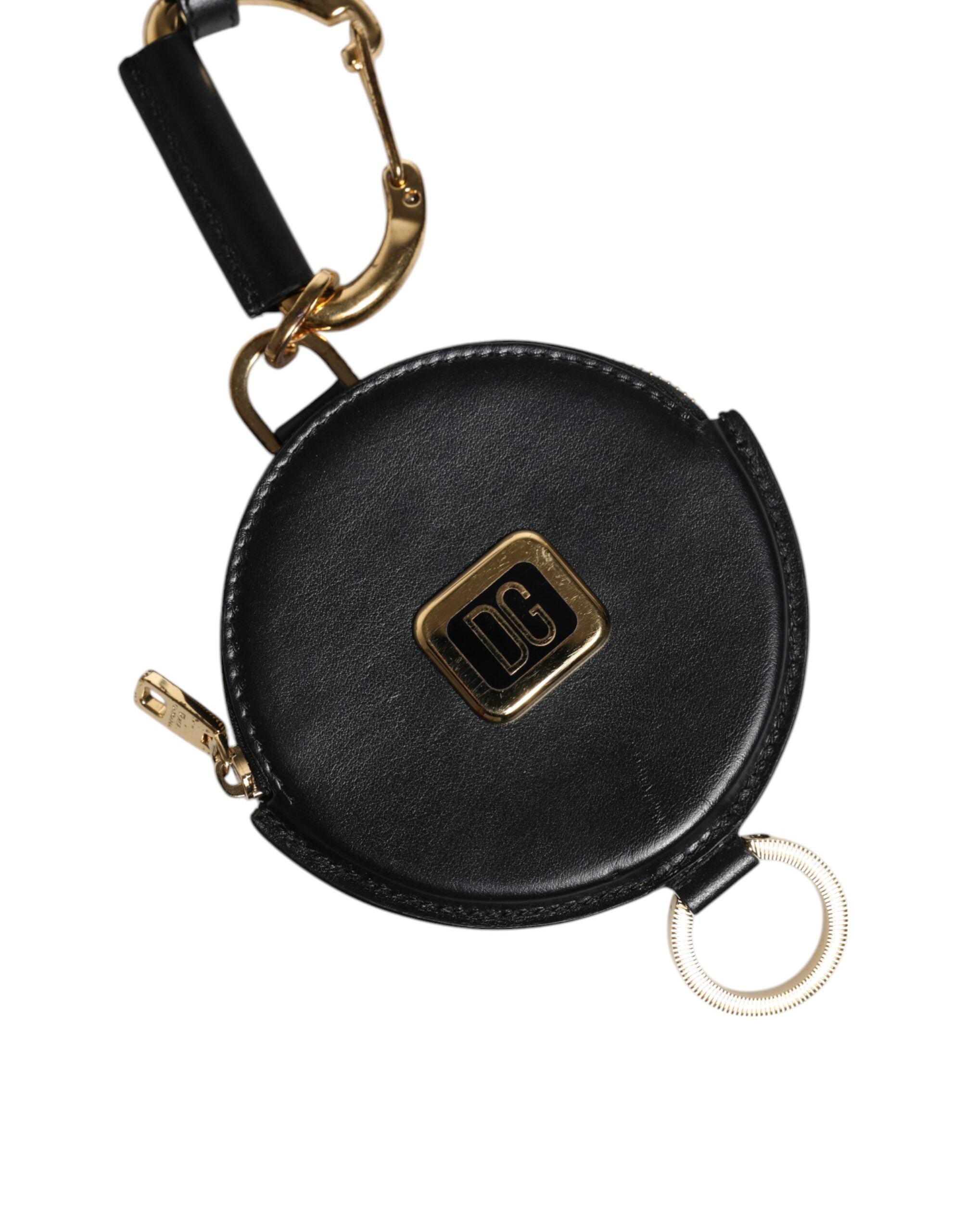 Dolce & Gabbana Black Round Leather DG Logo Coin Purse Lanyard Wallet