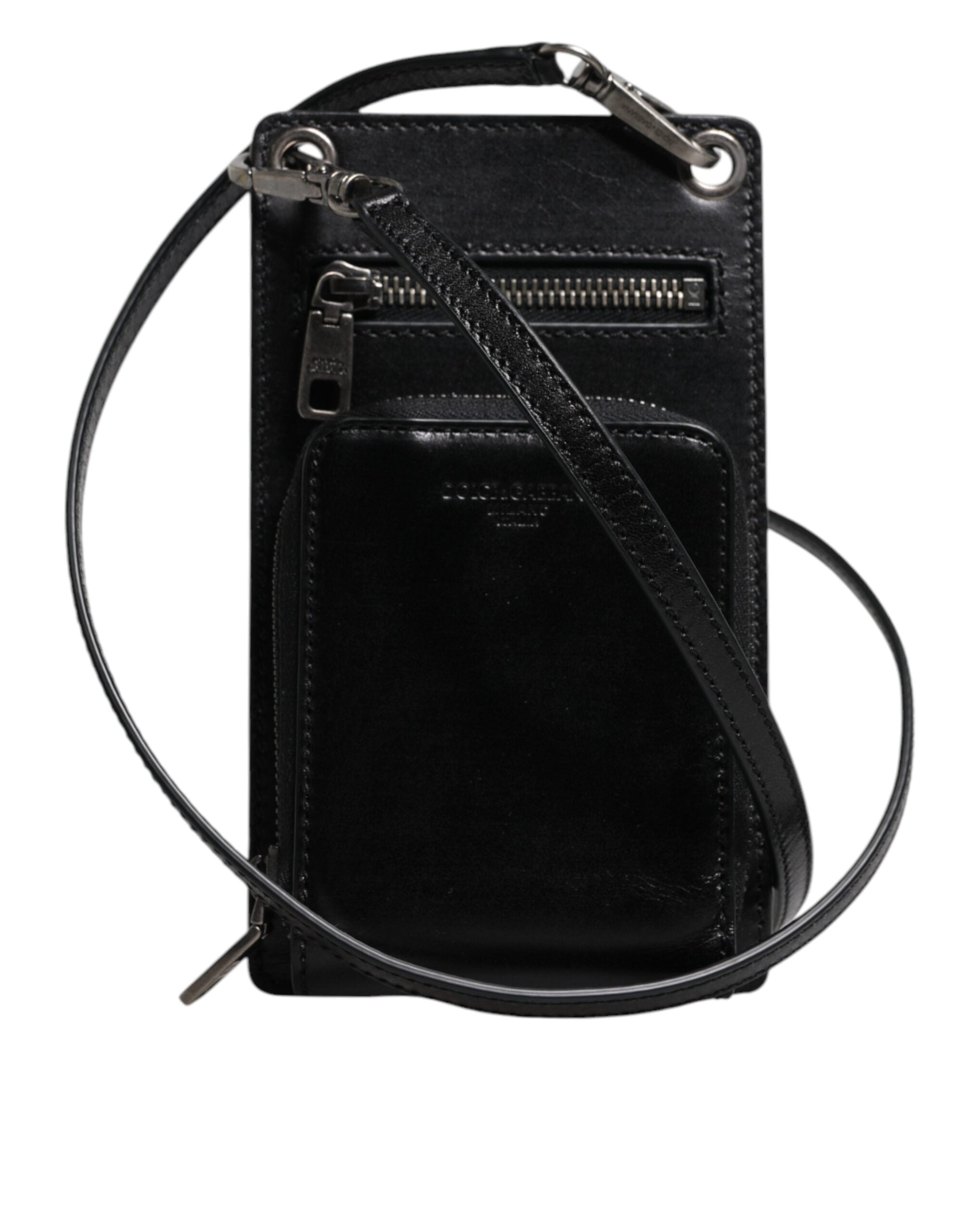 Dolce & Gabbana Black Horse Leather Zip Logo Shoulder Neck Strap Wallet