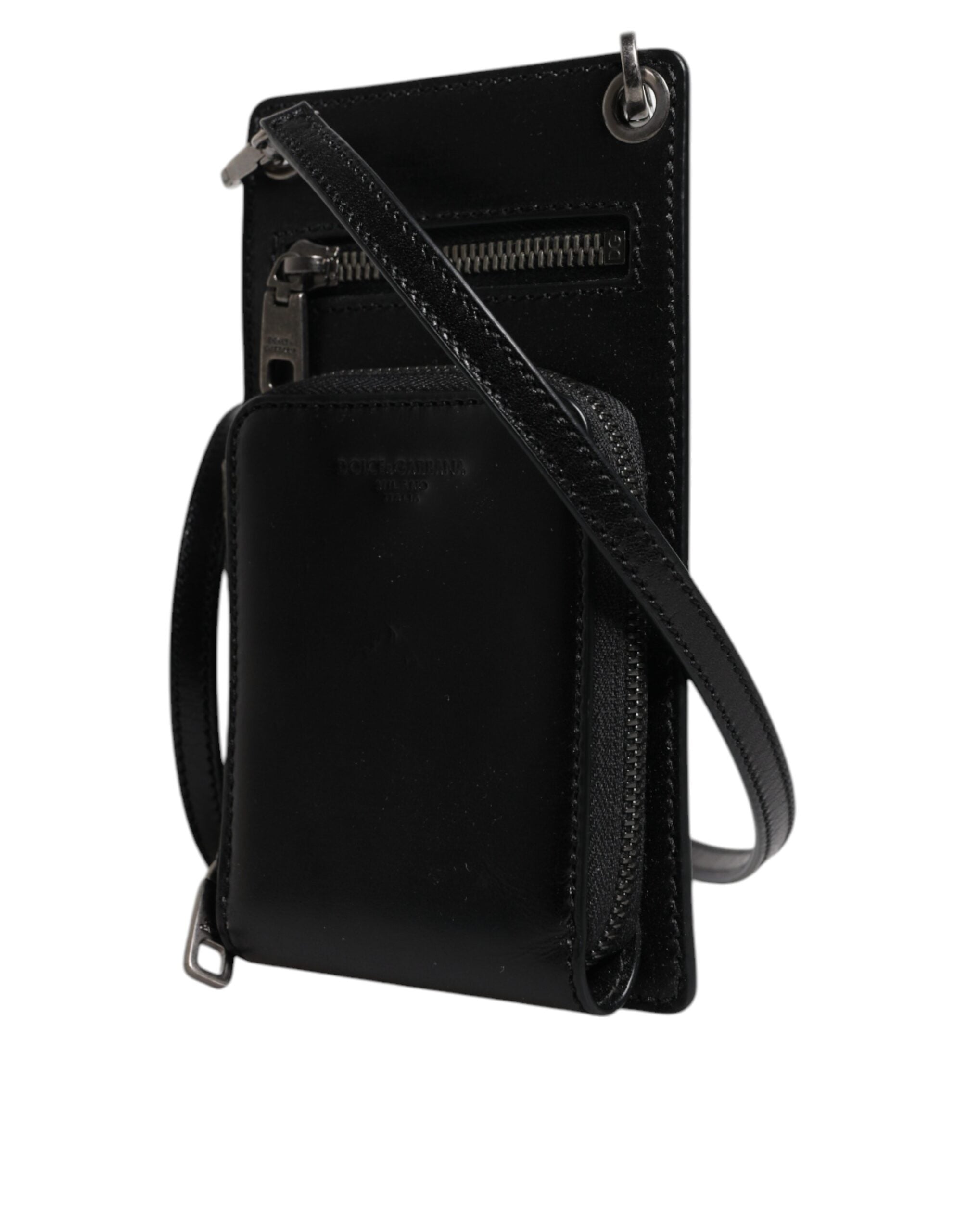 Dolce & Gabbana Black Horse Leather Zip Logo Shoulder Neck Strap Wallet