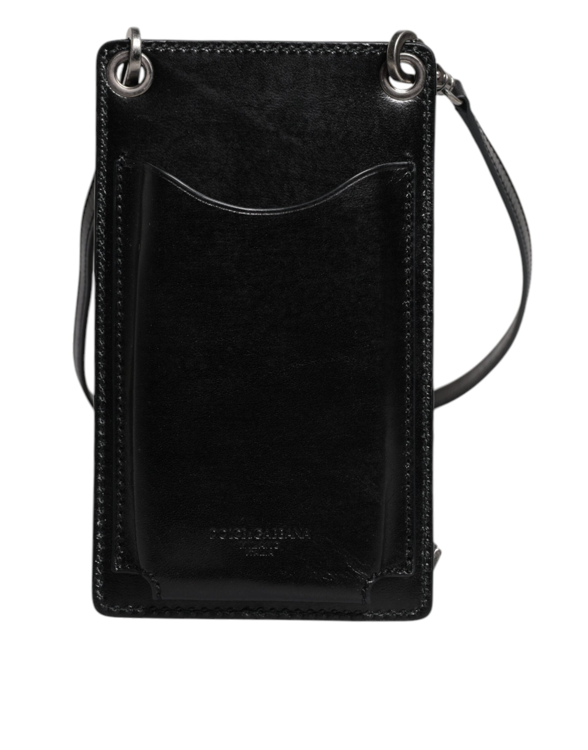 Dolce & Gabbana Black Horse Leather Zip Logo Shoulder Neck Strap Wallet