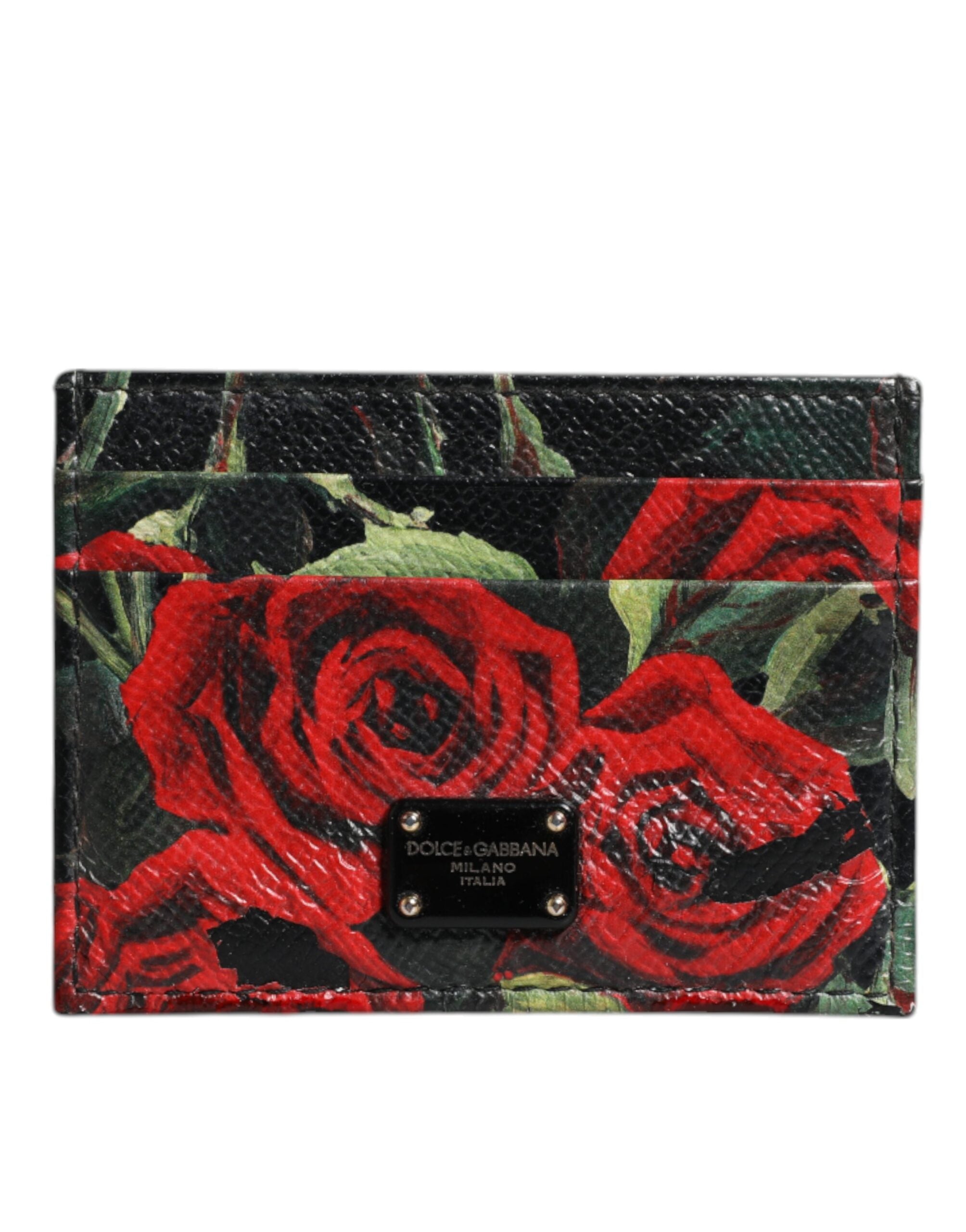 Dolce & Gabbana Black Floral Leather Card Holder DG Logo Plaque Wallet