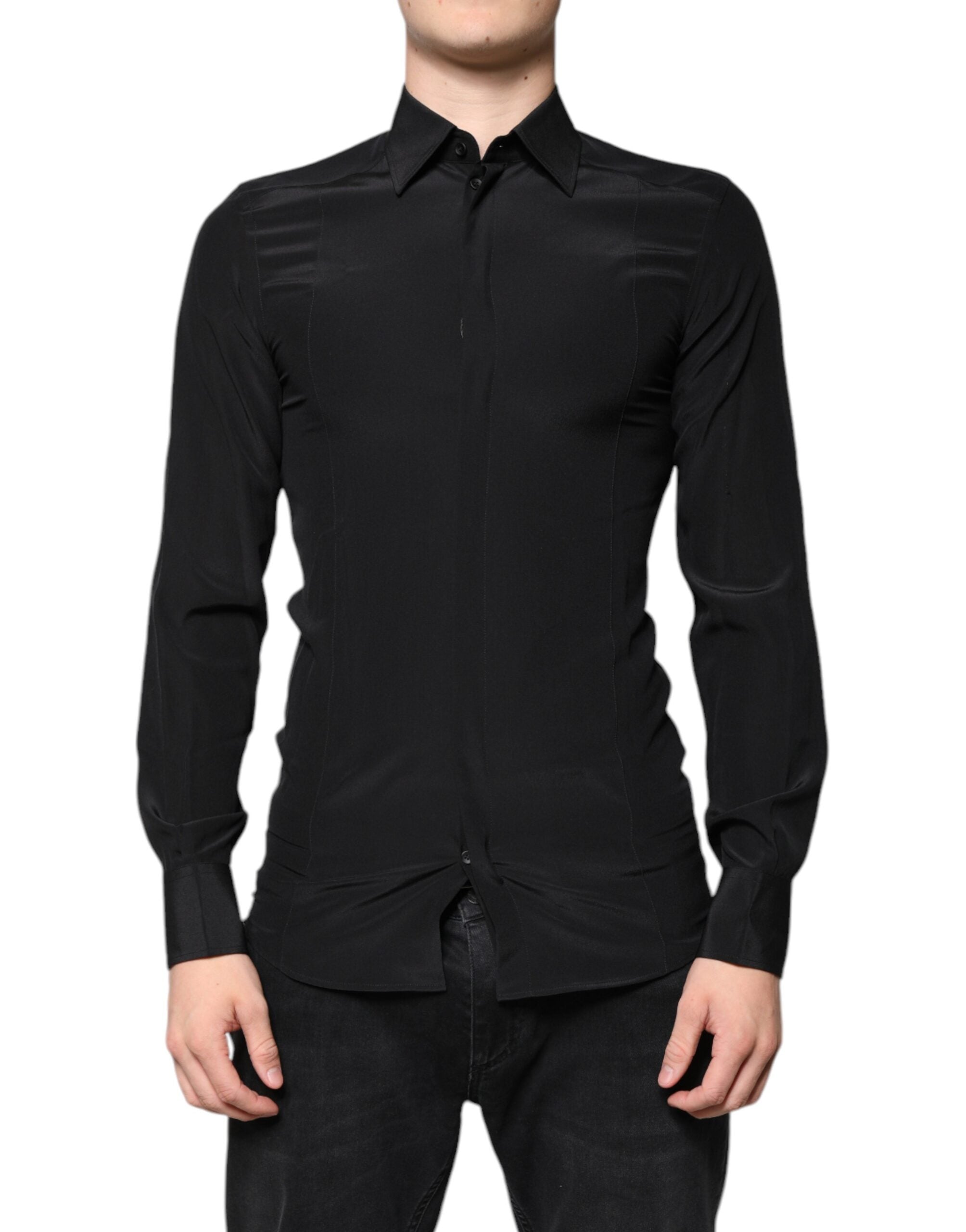 Dolce & Gabbana Black Silk Long Sleeves GOLD Dress Shirt