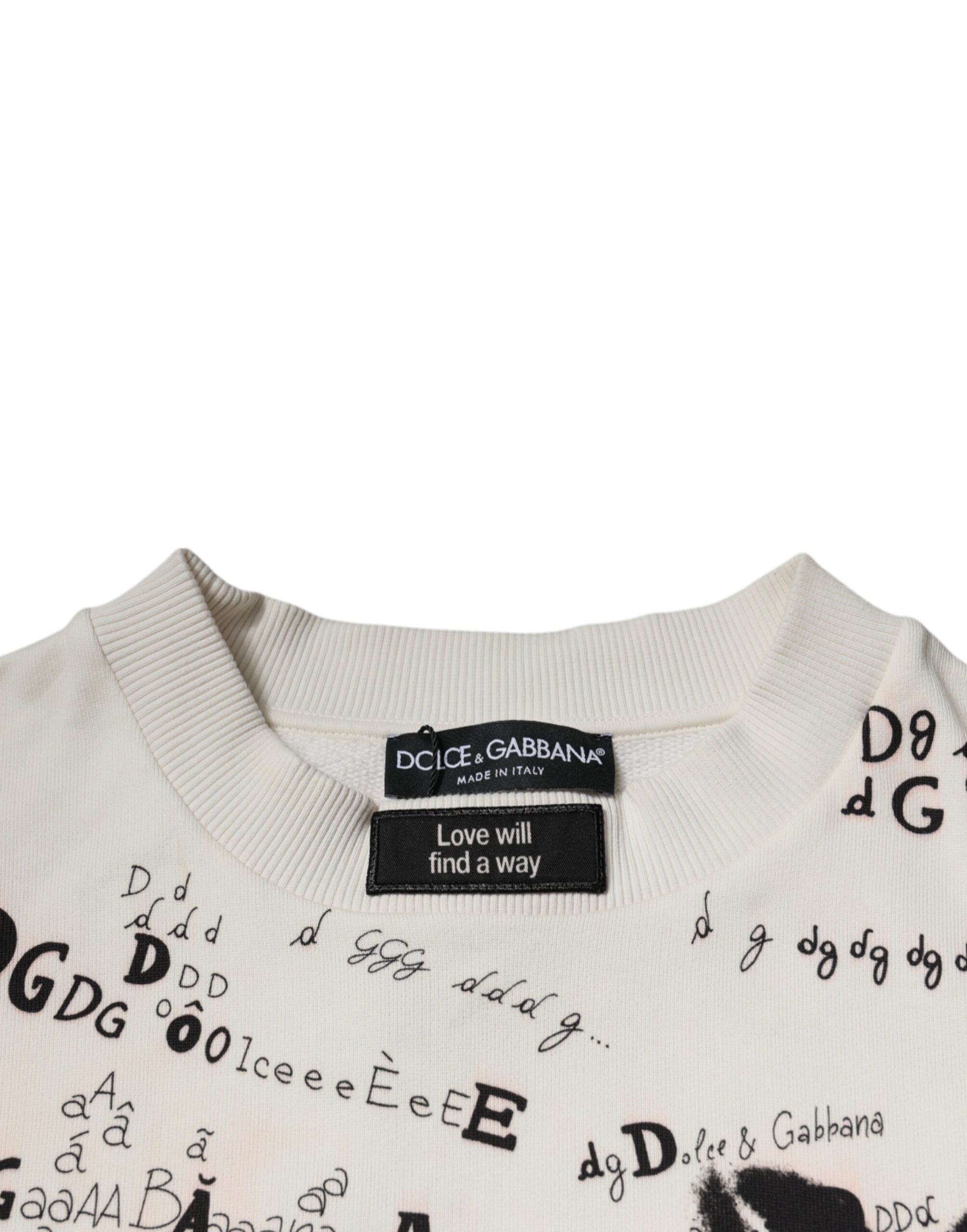 Dolce & Gabbana White Logo Cotton Crew Neck Pullover Sweater