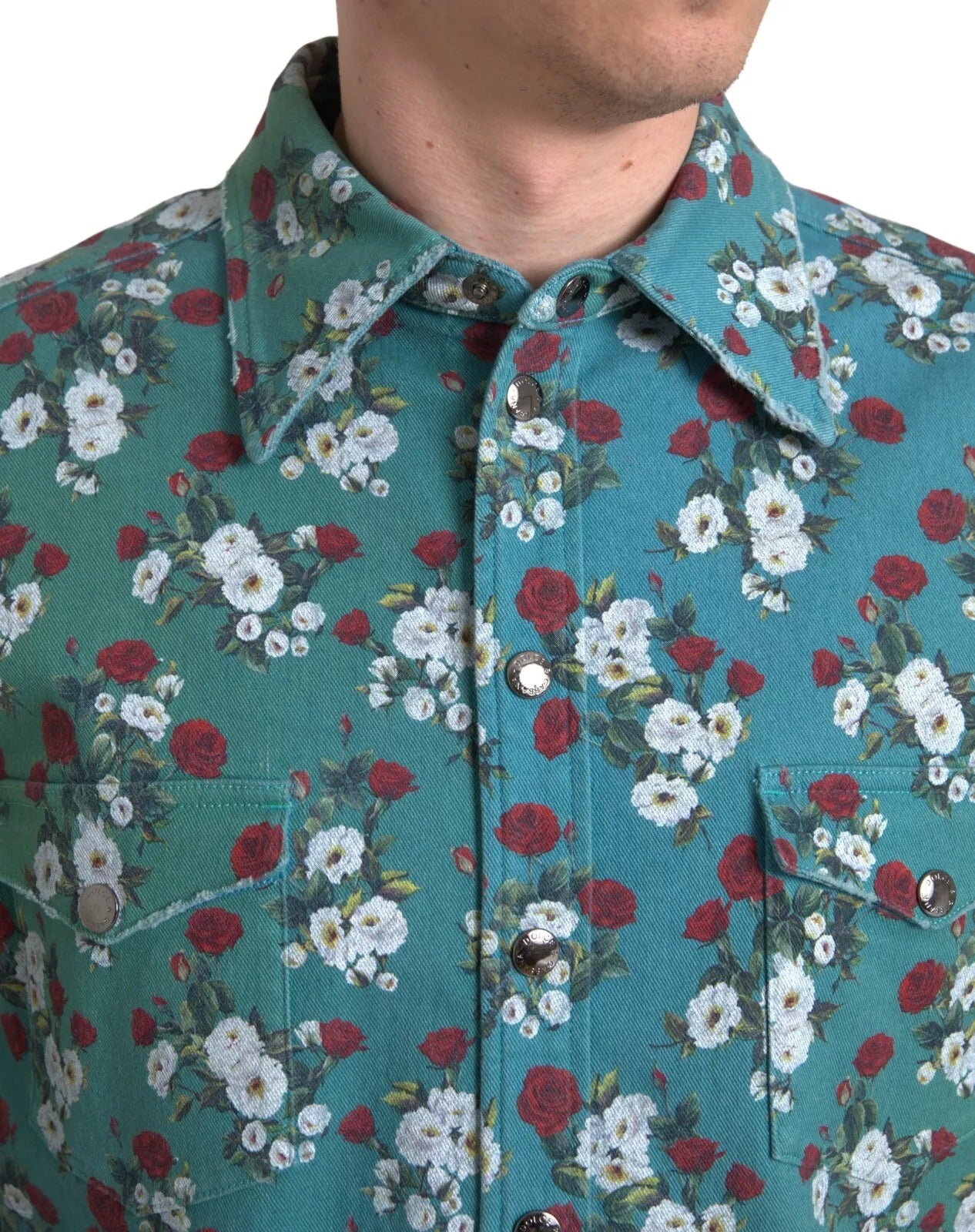 Dolce & Gabbana Blue Floral Cotton Button Down Denim Shirt